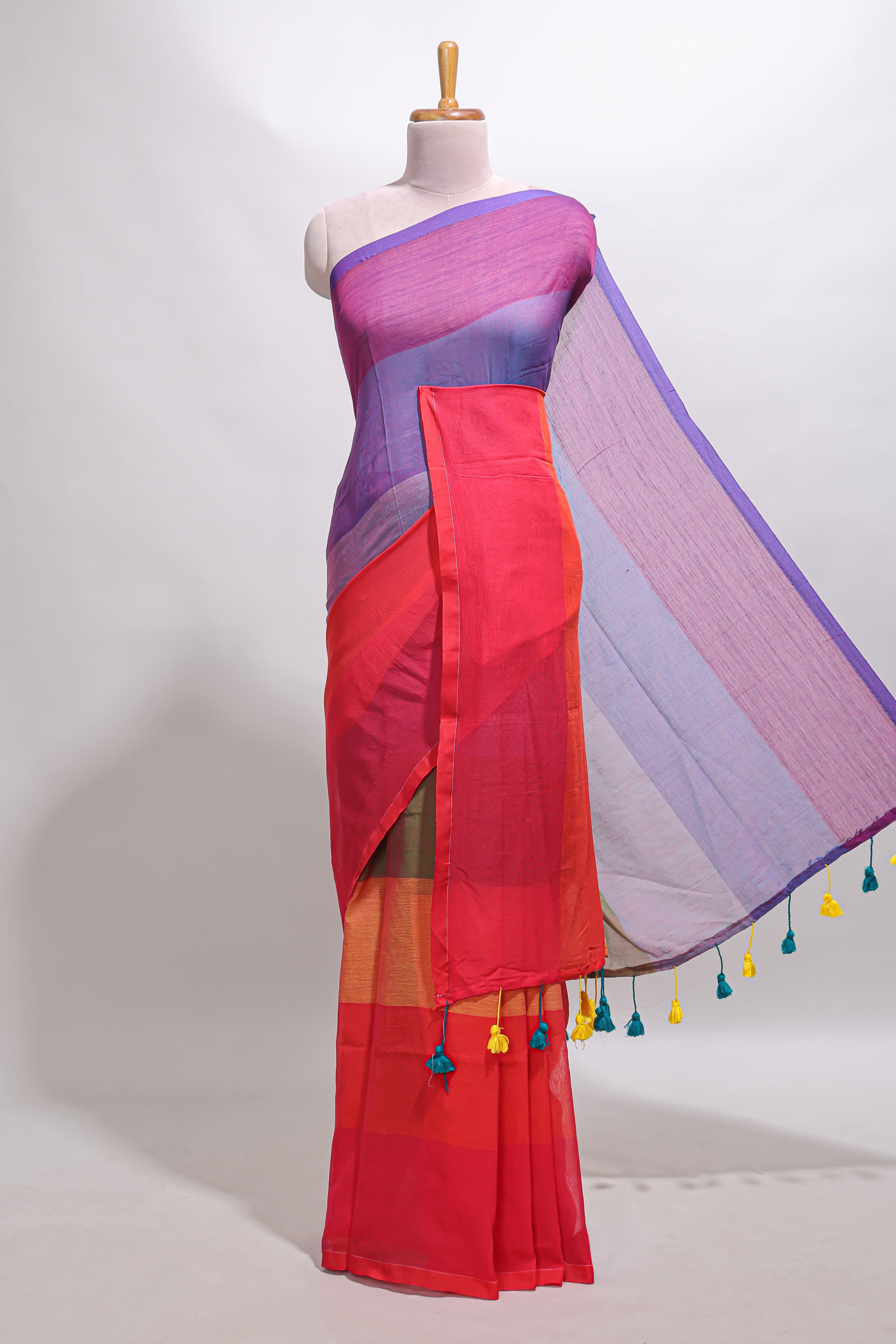 Borderless multi color striped south cotton saree with matching striped blouse