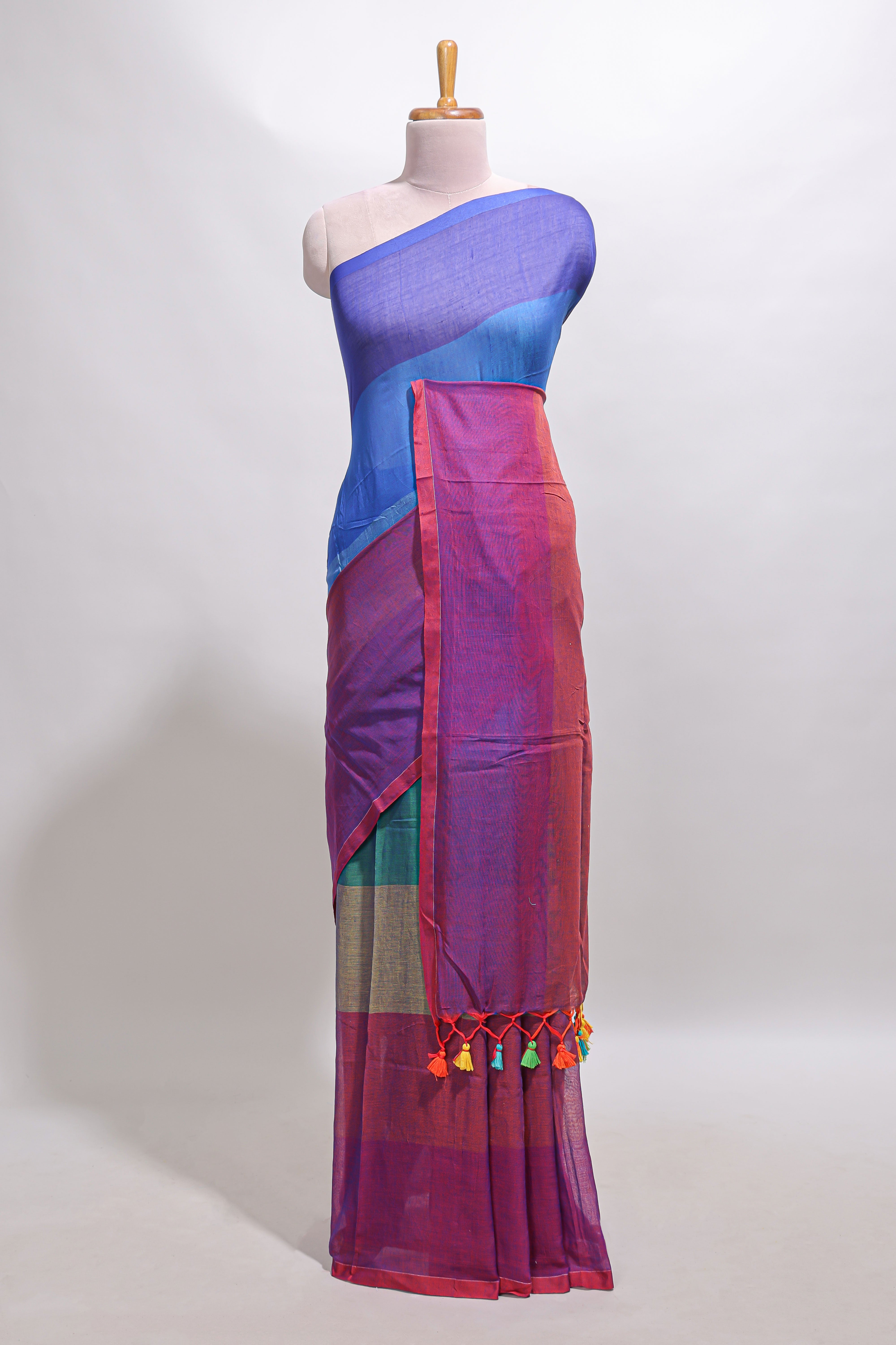 Borderless multi color striped south cotton saree with matching striped blouse