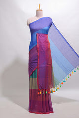 Borderless multi color striped south cotton saree with matching striped blouse