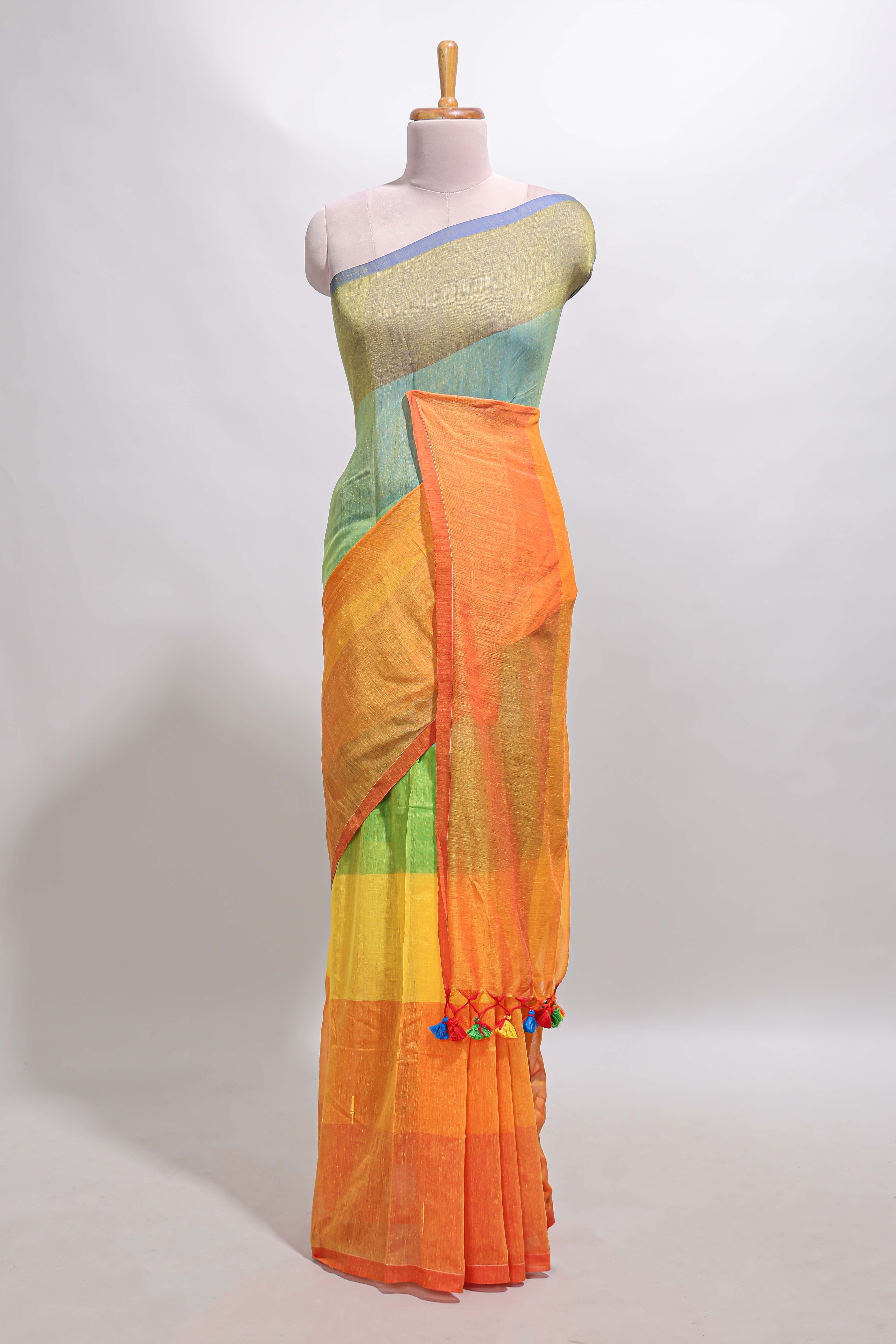 Borderless multi color striped south cotton saree with matching striped blouse