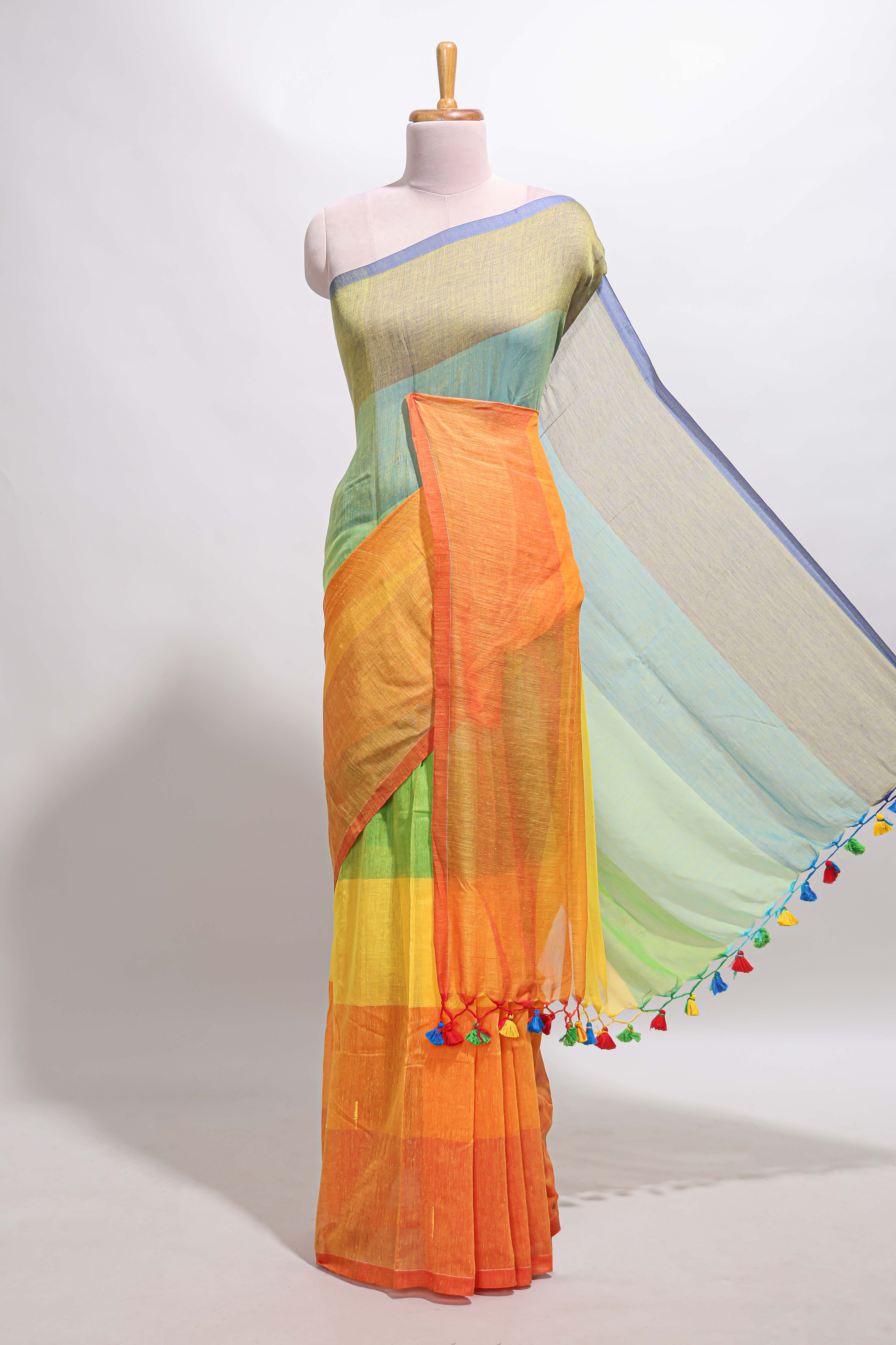 Borderless multi color striped south cotton saree with matching striped blouse