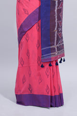 Pink ikkat style butta south cotton saree with contrast border and matching printed blouse