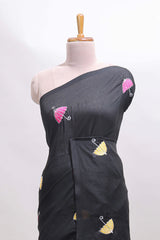 Borderless black umberla motifs design saree with contrast blouse and tassels