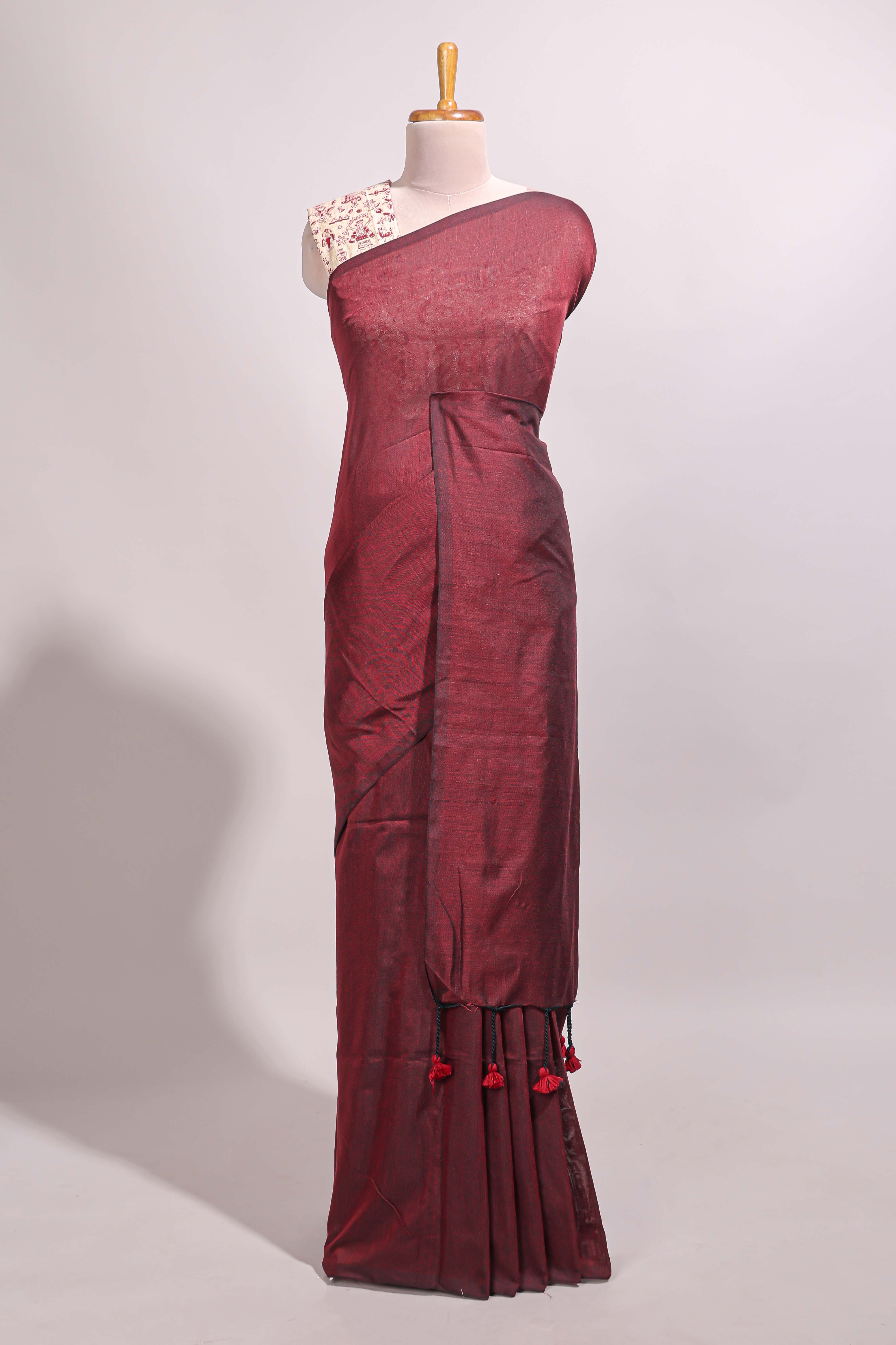 Deep red plain south cotton sarees with contrast warli printed blouse