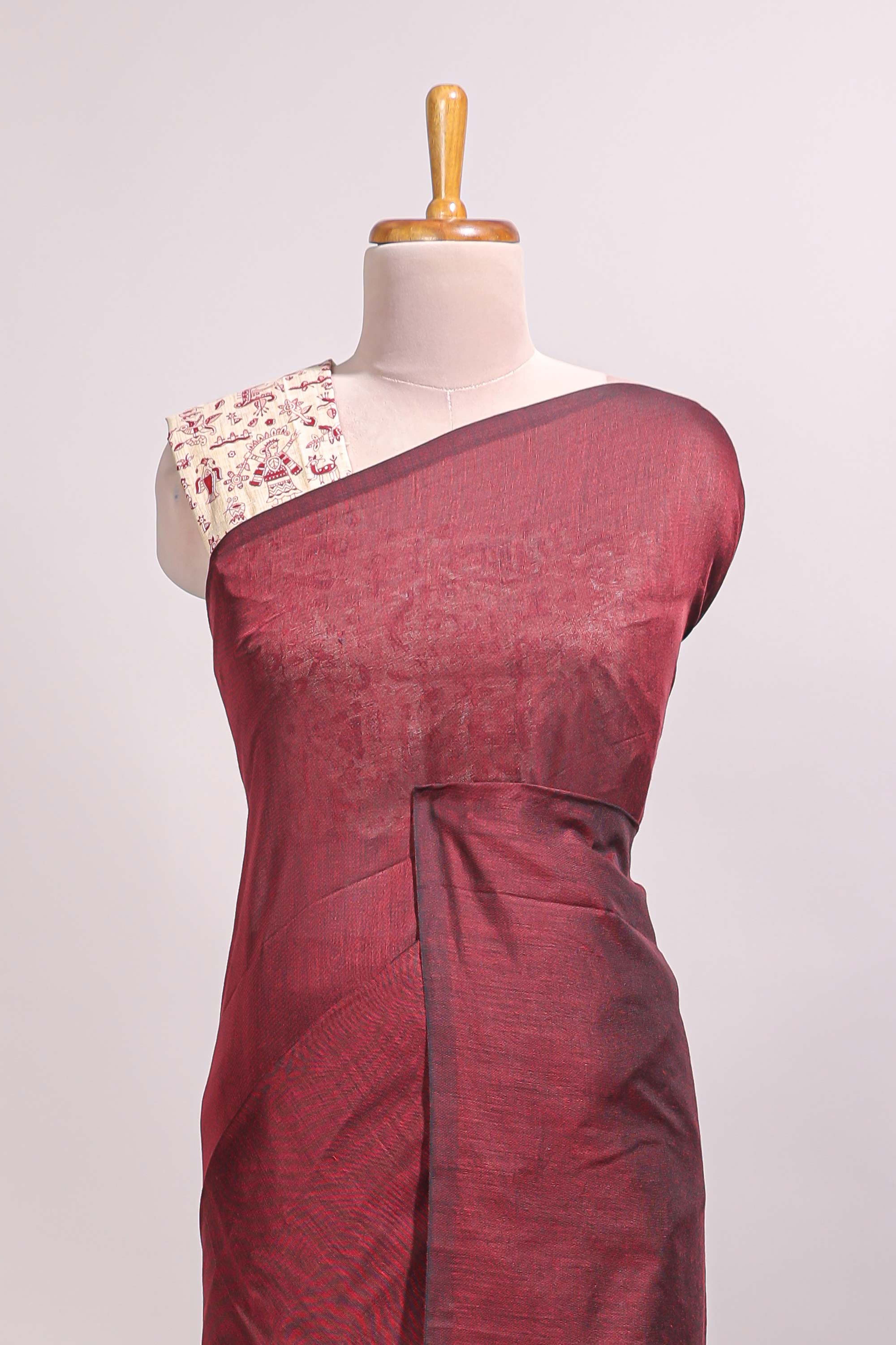 Deep red plain south cotton sarees with contrast warli printed blouse