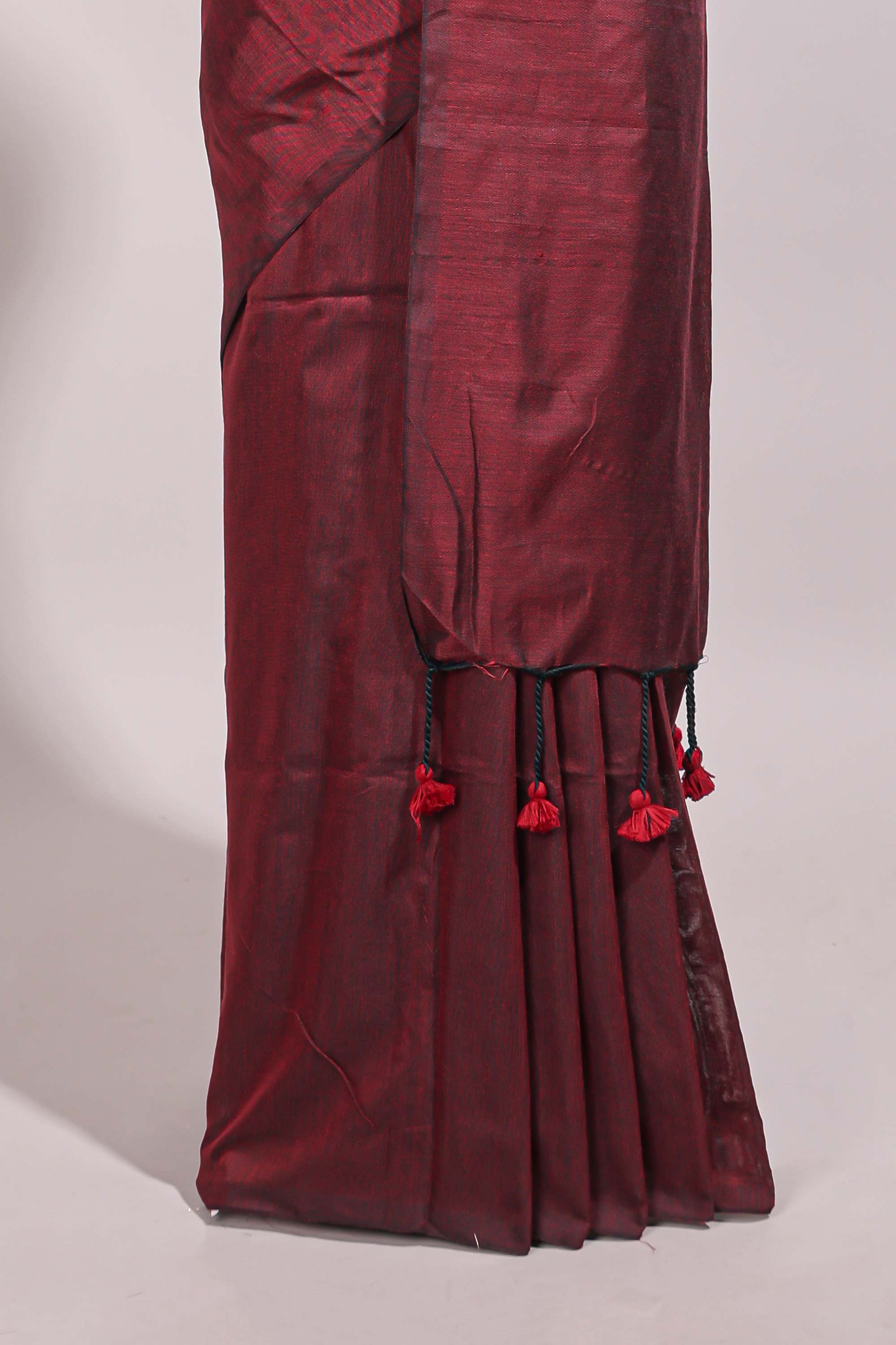 Deep red plain south cotton sarees with contrast warli printed blouse