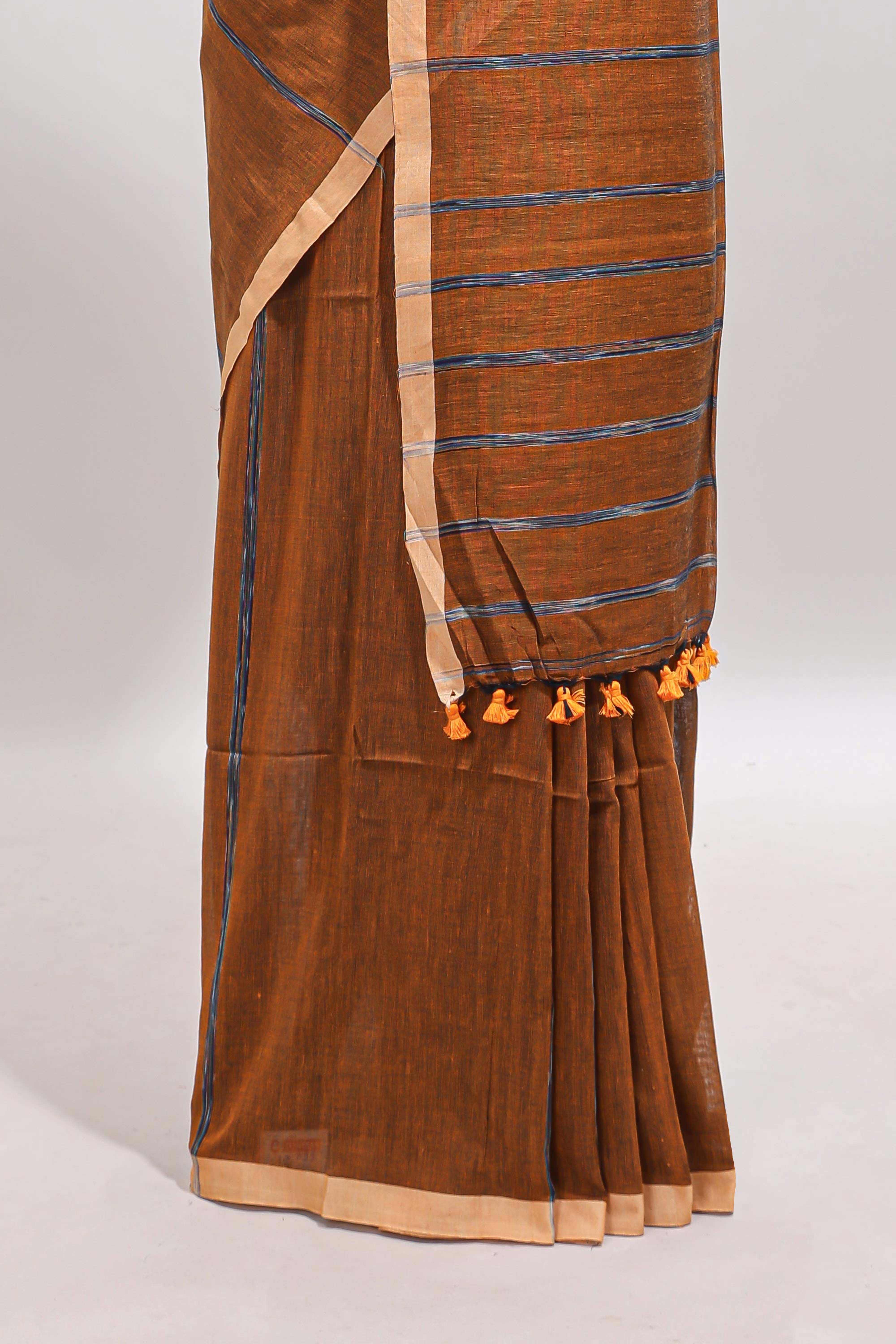 Mustard striped south cotton saree with contrast border and blouse