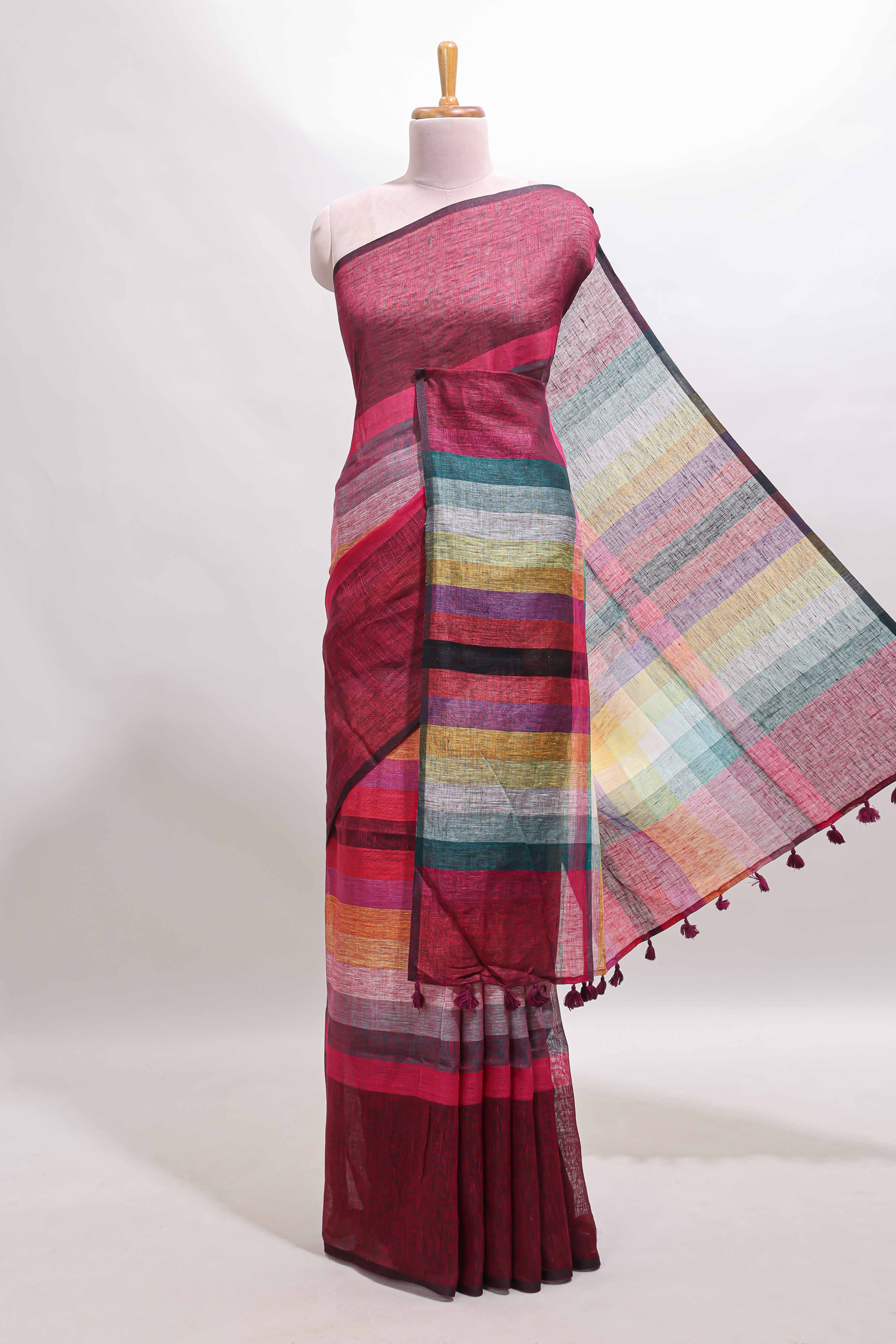 Multi color striped south cotton saree with contrast border and matching blouse