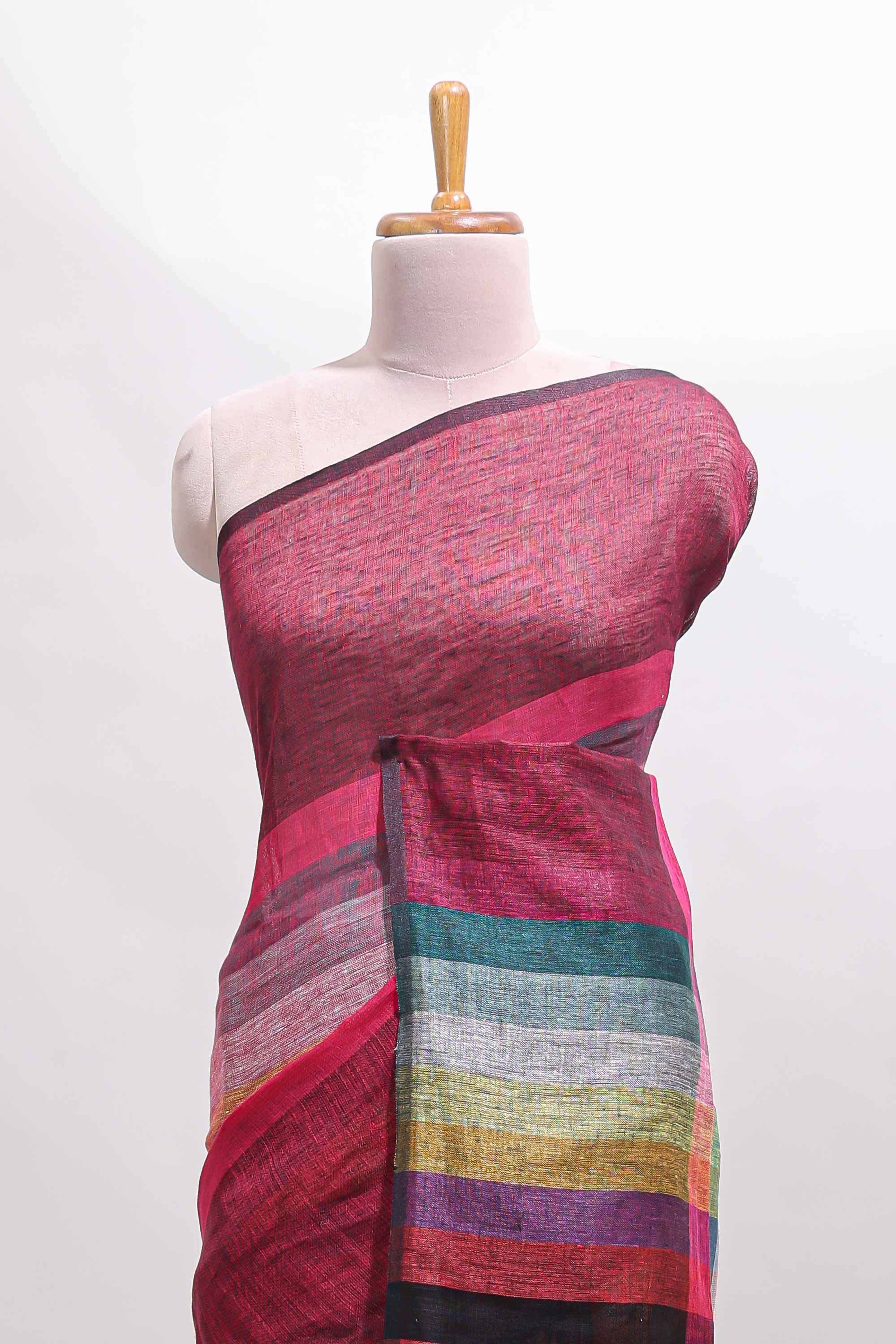 Multi color striped south cotton saree with contrast border and matching blouse