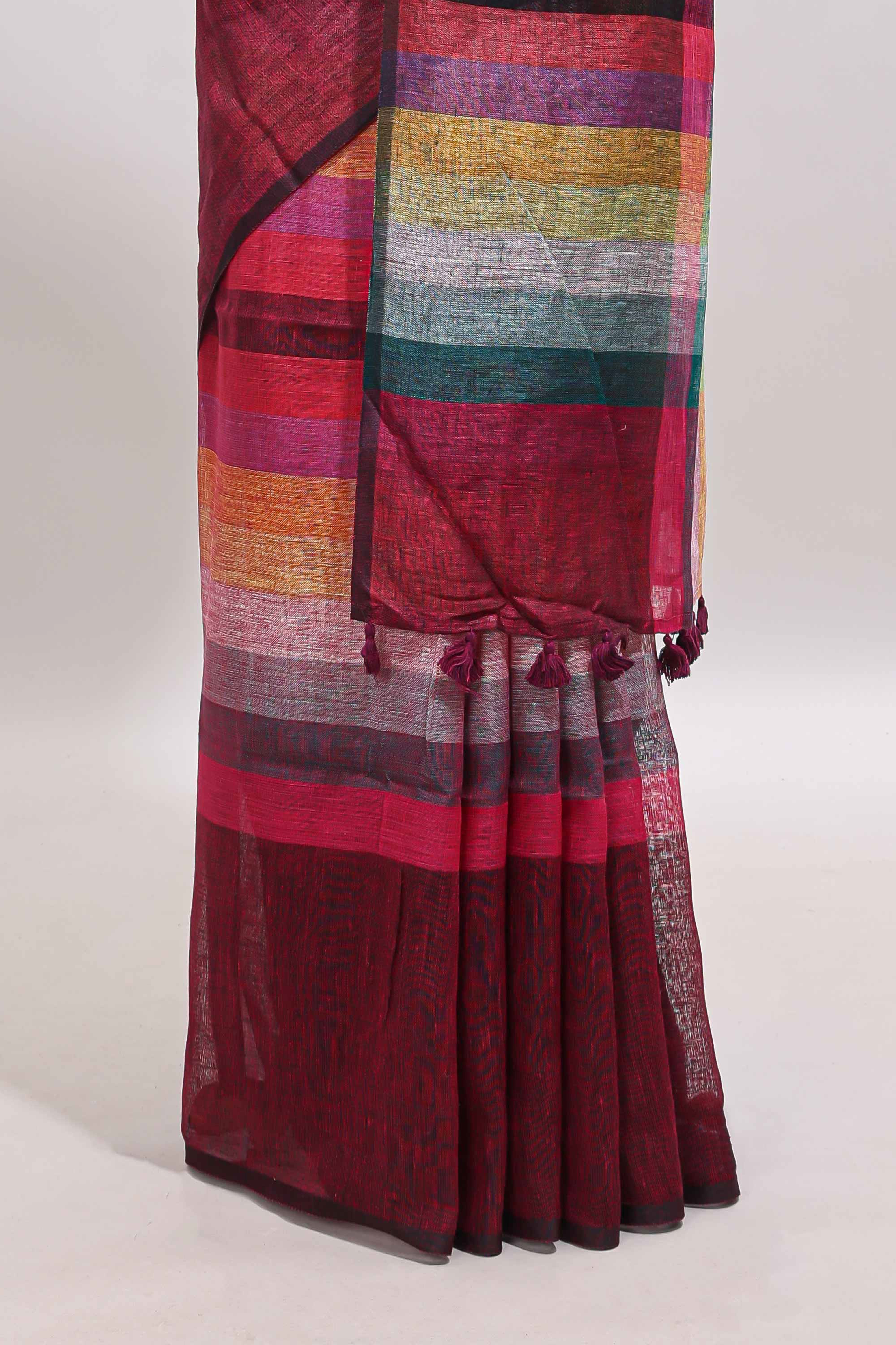 Multi color striped south cotton saree with contrast border and matching blouse