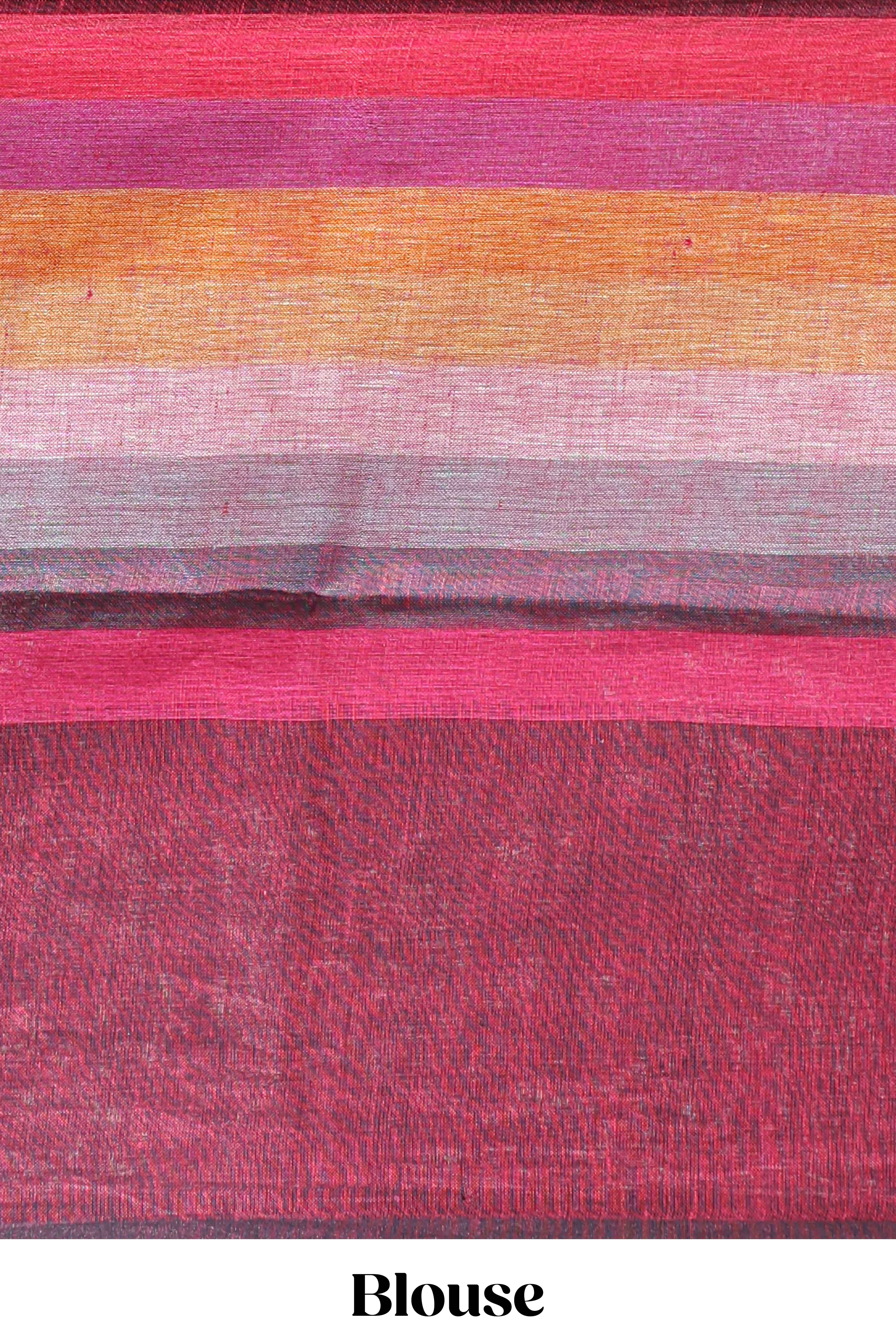 Multi color striped south cotton saree with contrast border and matching blouse