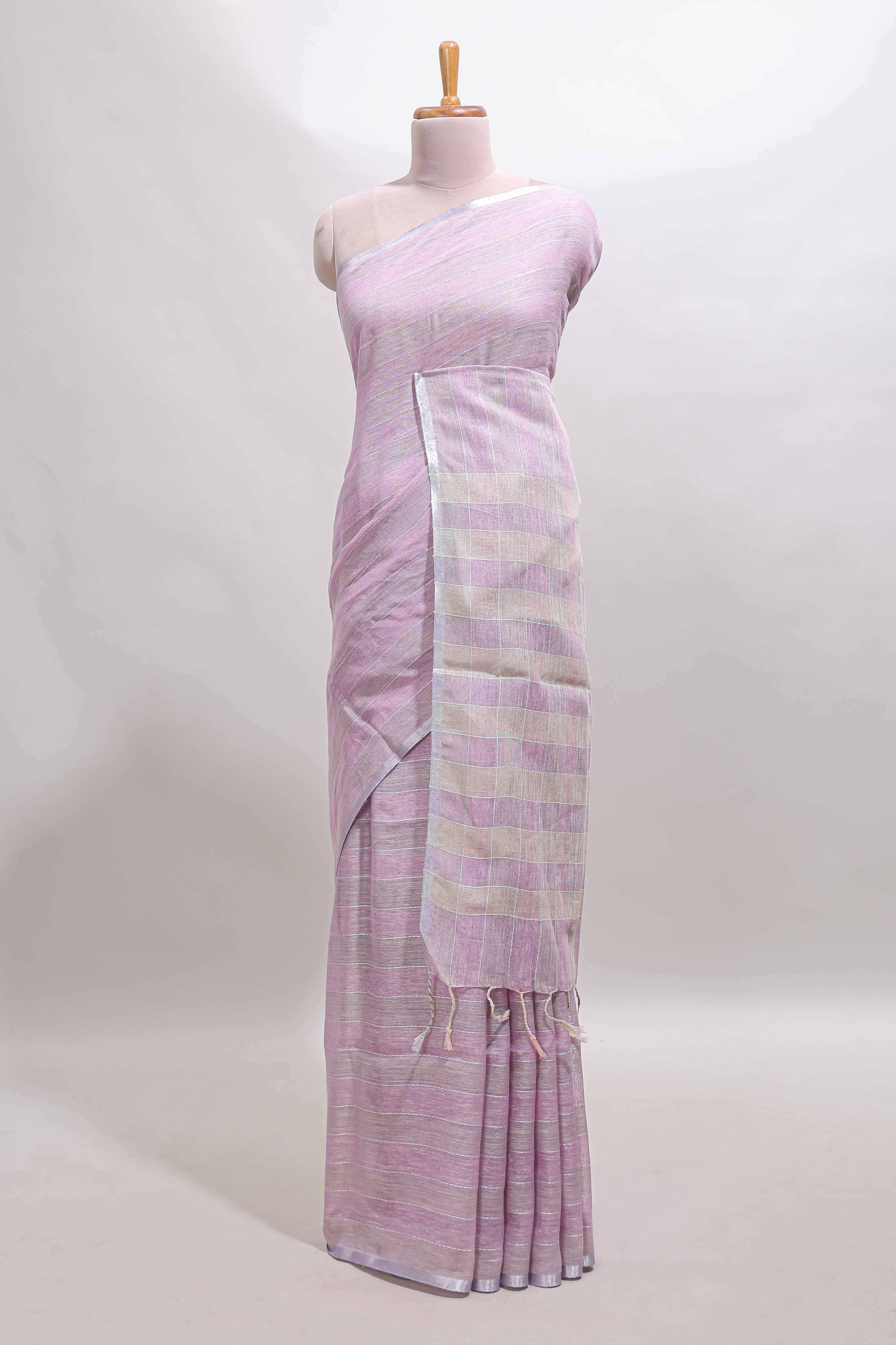 Lavender striped south cotton saree with self silver zari border and matching blouse