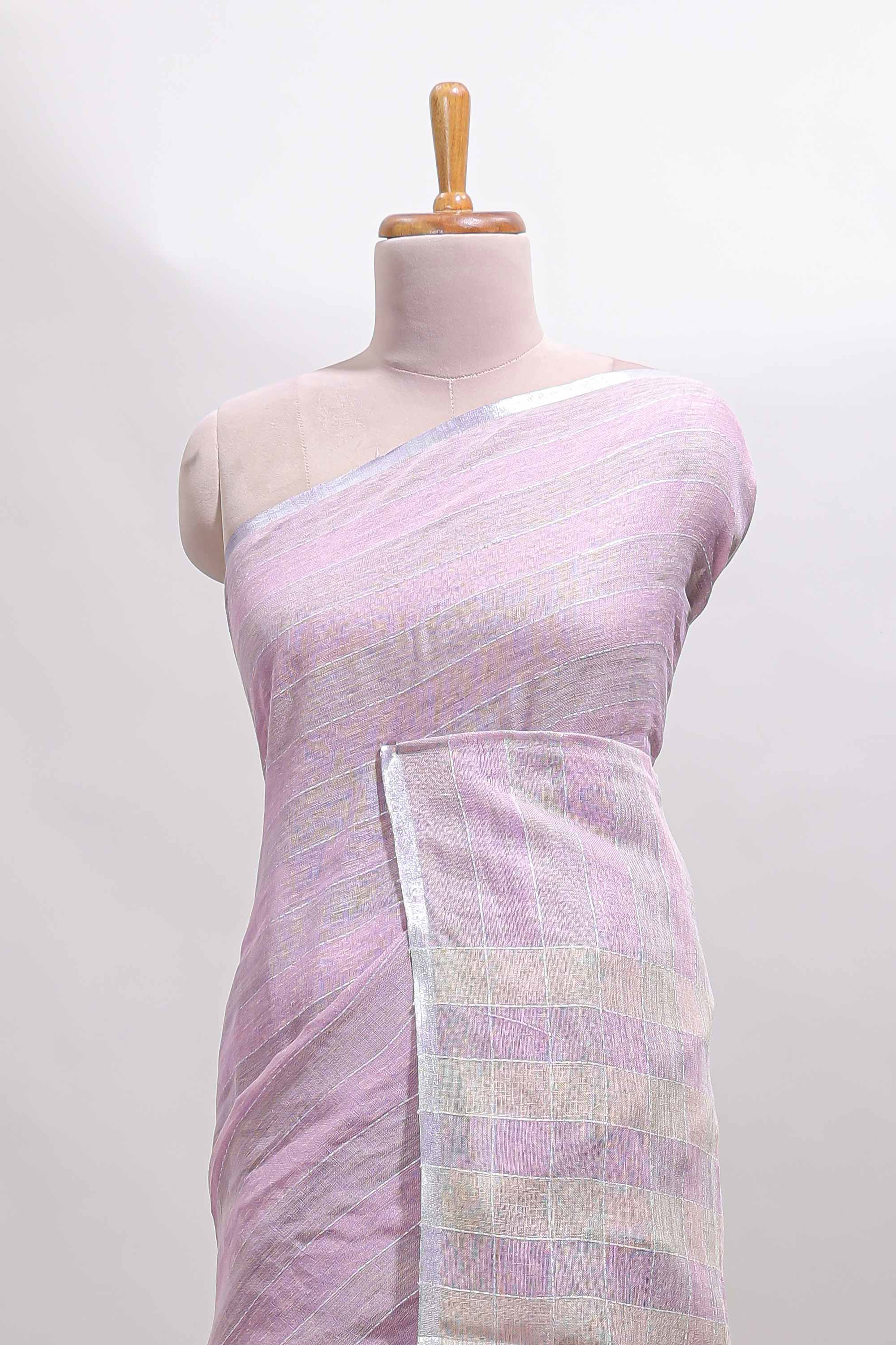 Lavender striped south cotton saree with self silver zari border and matching blouse