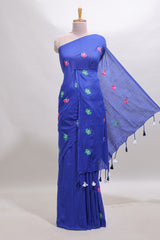 Borderless blue butterfly motifs south cotton saree with contrast blouse and tassels