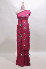 Borderless maroon butterfly motifs south cotton saree with contrast blouse and tassels