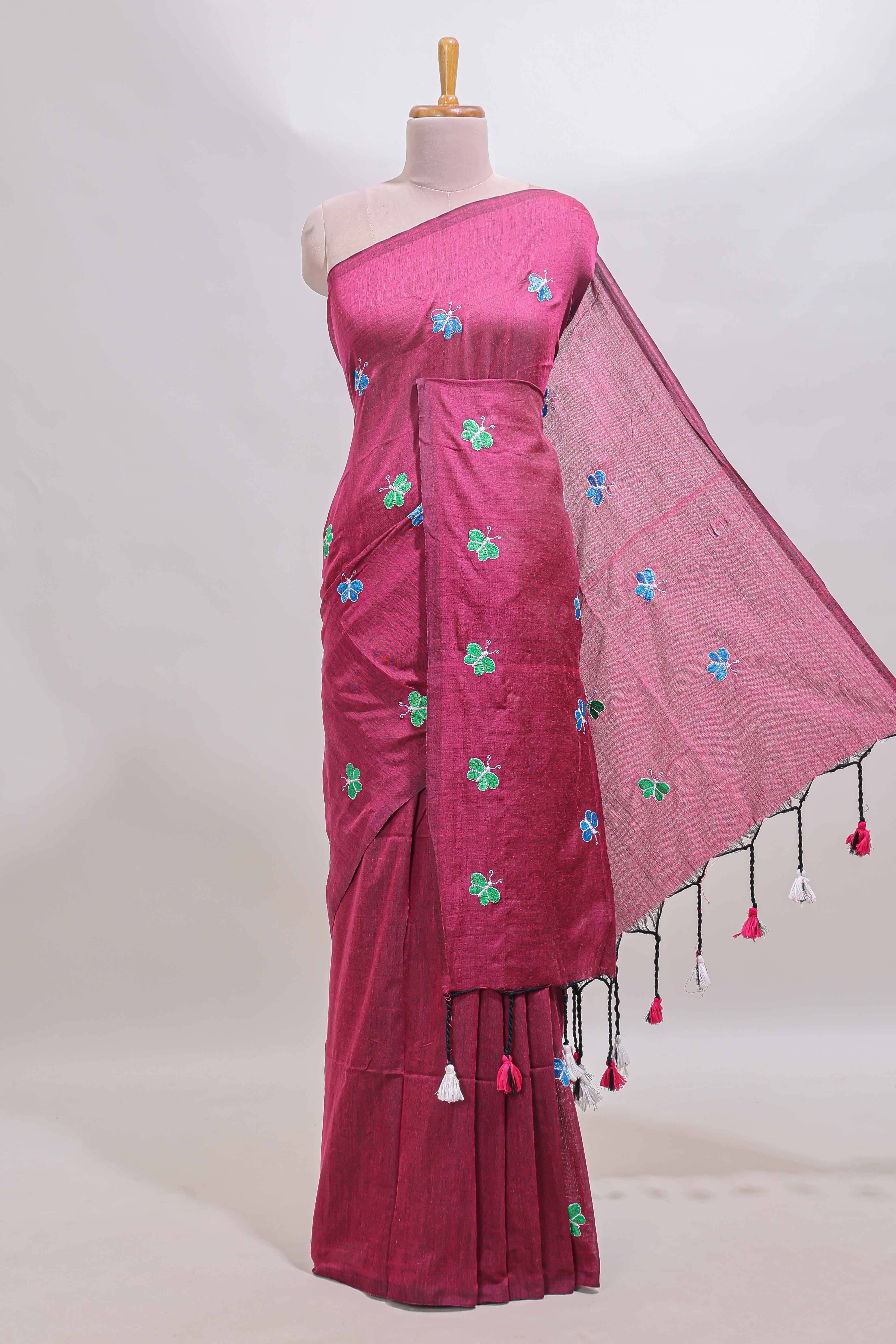 Borderless maroon butterfly motifs south cotton saree with contrast blouse and tassels