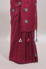 Borderless maroon butterfly motifs south cotton saree with contrast blouse and tassels