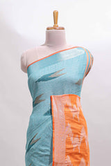 Blue ikkat style motifs south cotton saree with contrast border and blouse