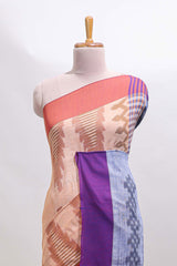 Beige ikkat style motifs south cotton saree with contrast border and blouse