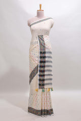 Cream thread butta south cotton saree with contrast border and striped pallu