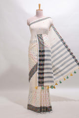 Cream thread butta south cotton saree with contrast border and striped pallu