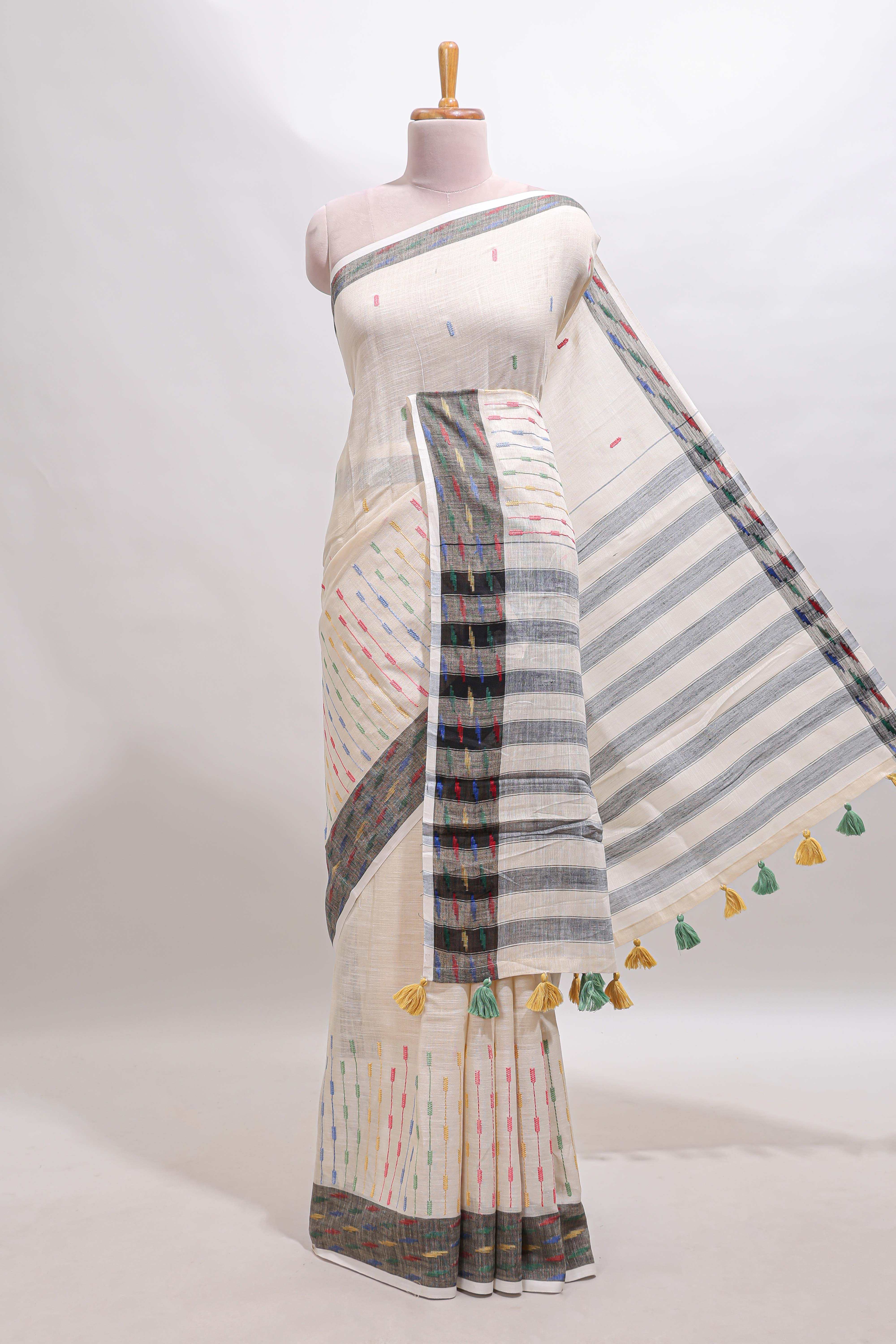 Cream thread butta south cotton saree with contrast border and striped pallu