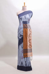 Grey & Navy Blue Woven South Cotton Saree with Tassels