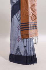 Grey & Navy Blue Woven South Cotton Saree with Tassels