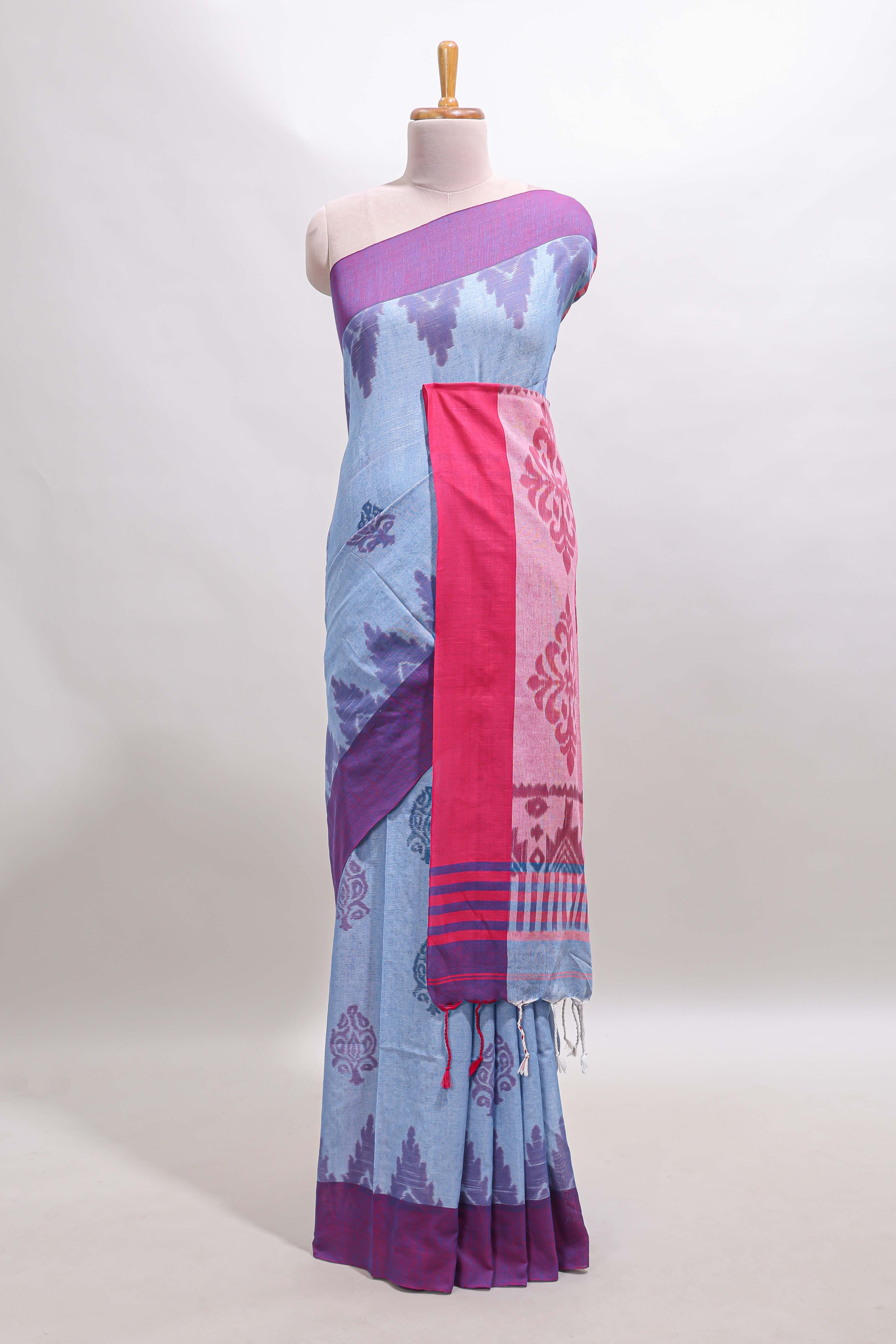 Light Blue & Pink Floral Woven Sothu Cotton Saree with Tassels