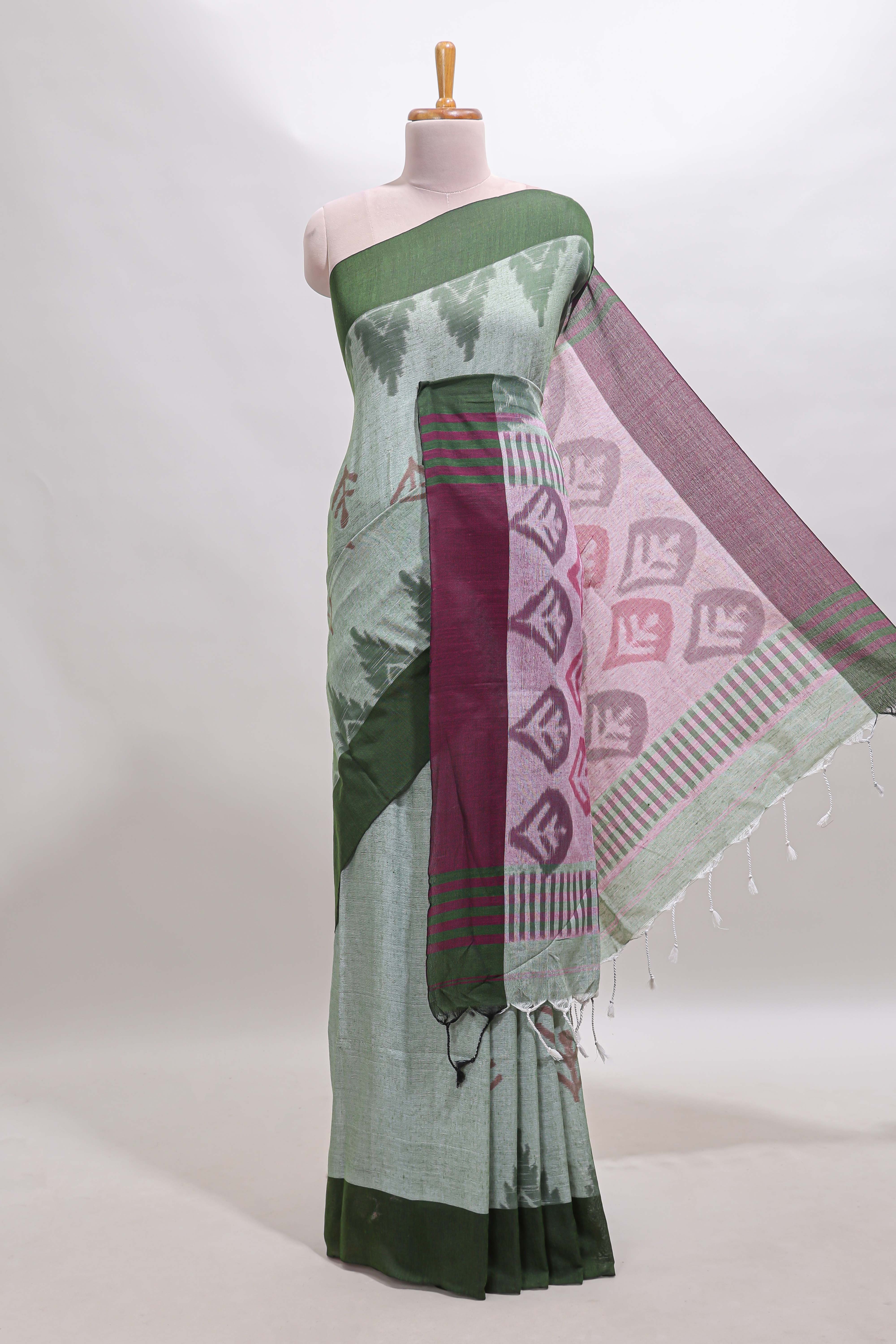 Green & Purple Floral Woven Sothu Cotton Saree with Tassels