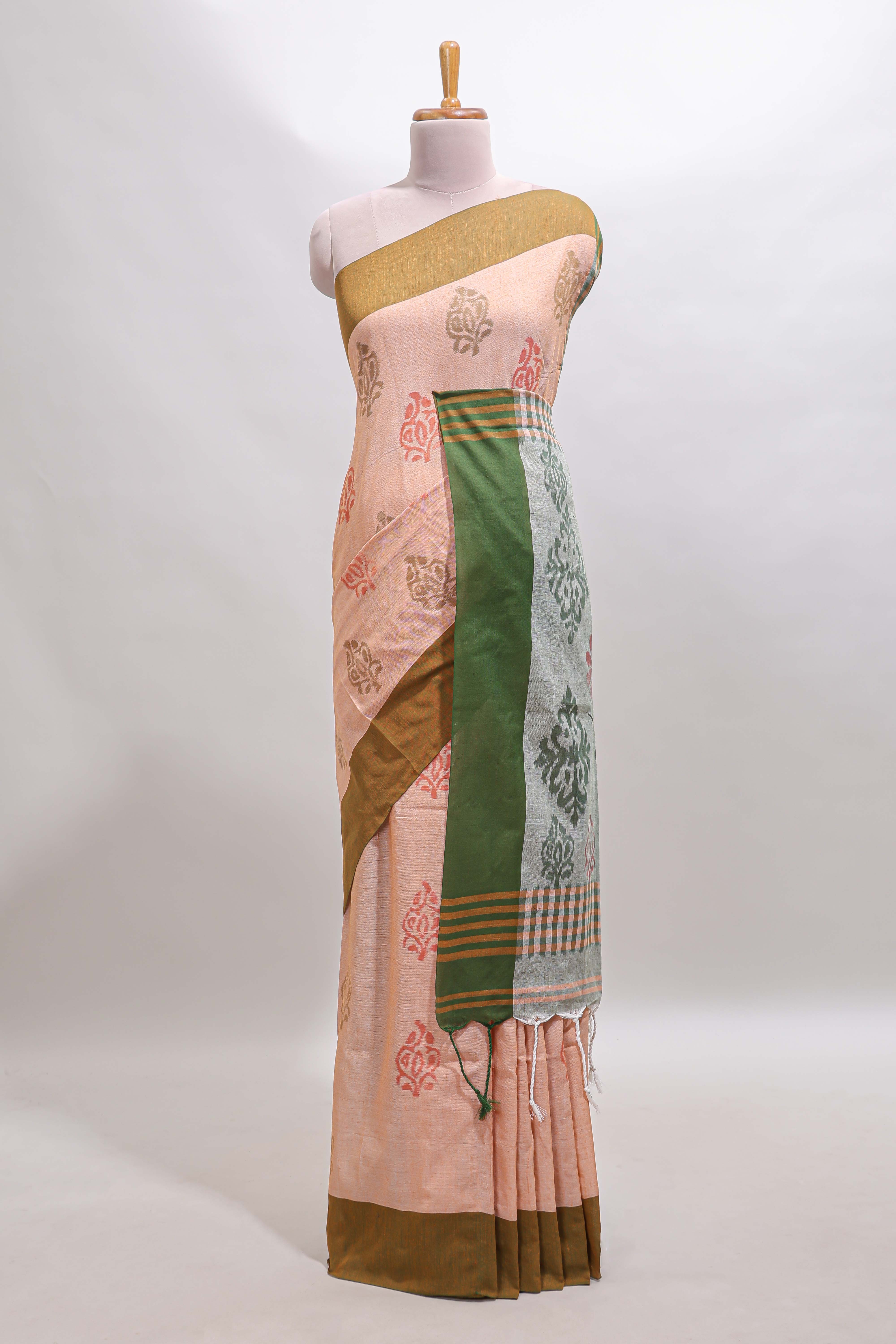 Peach floral design motifs south cotton sarees with contrast border and blouse