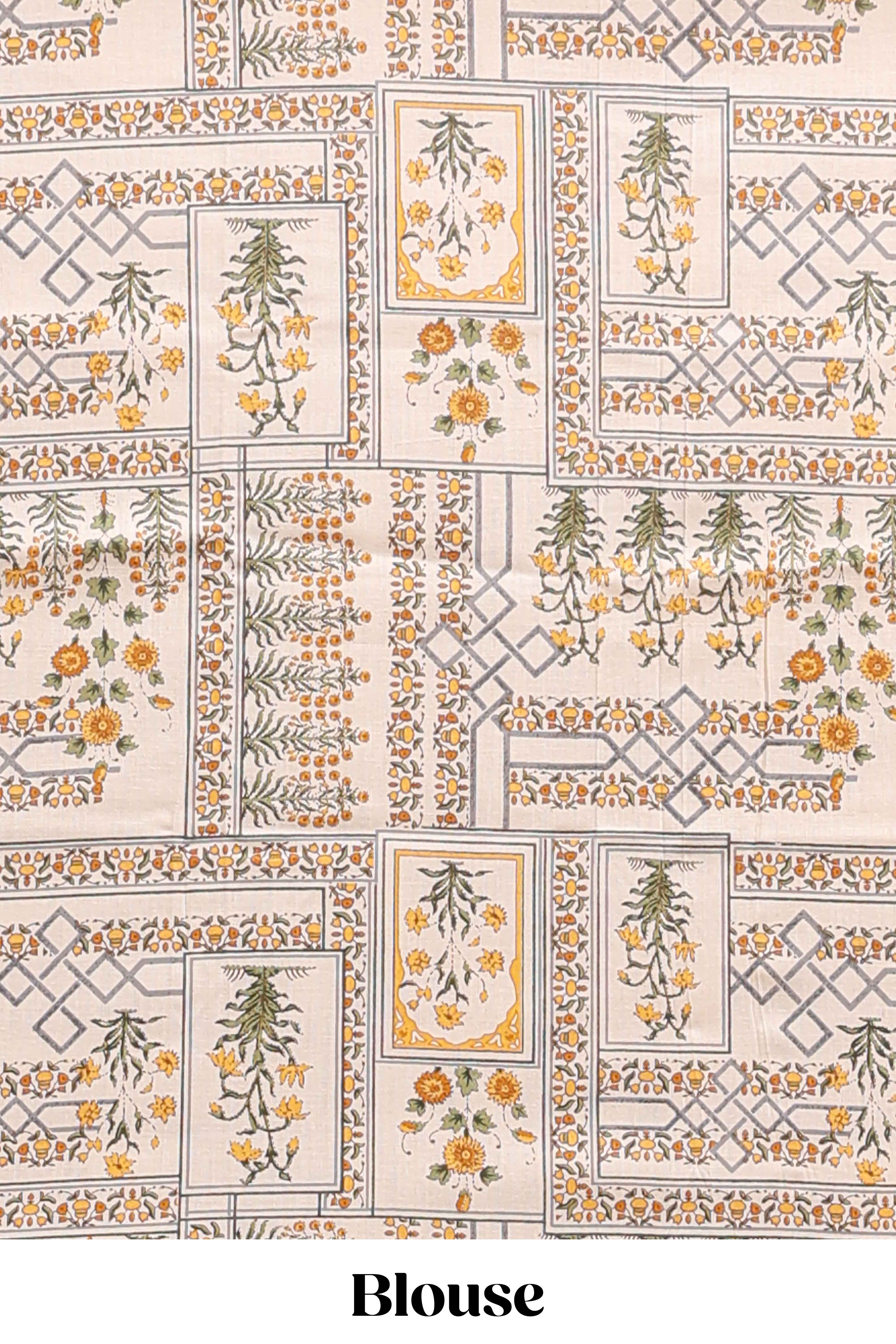 Green shibori printed floral design south cotton sarees with self border and contrast printed blouse