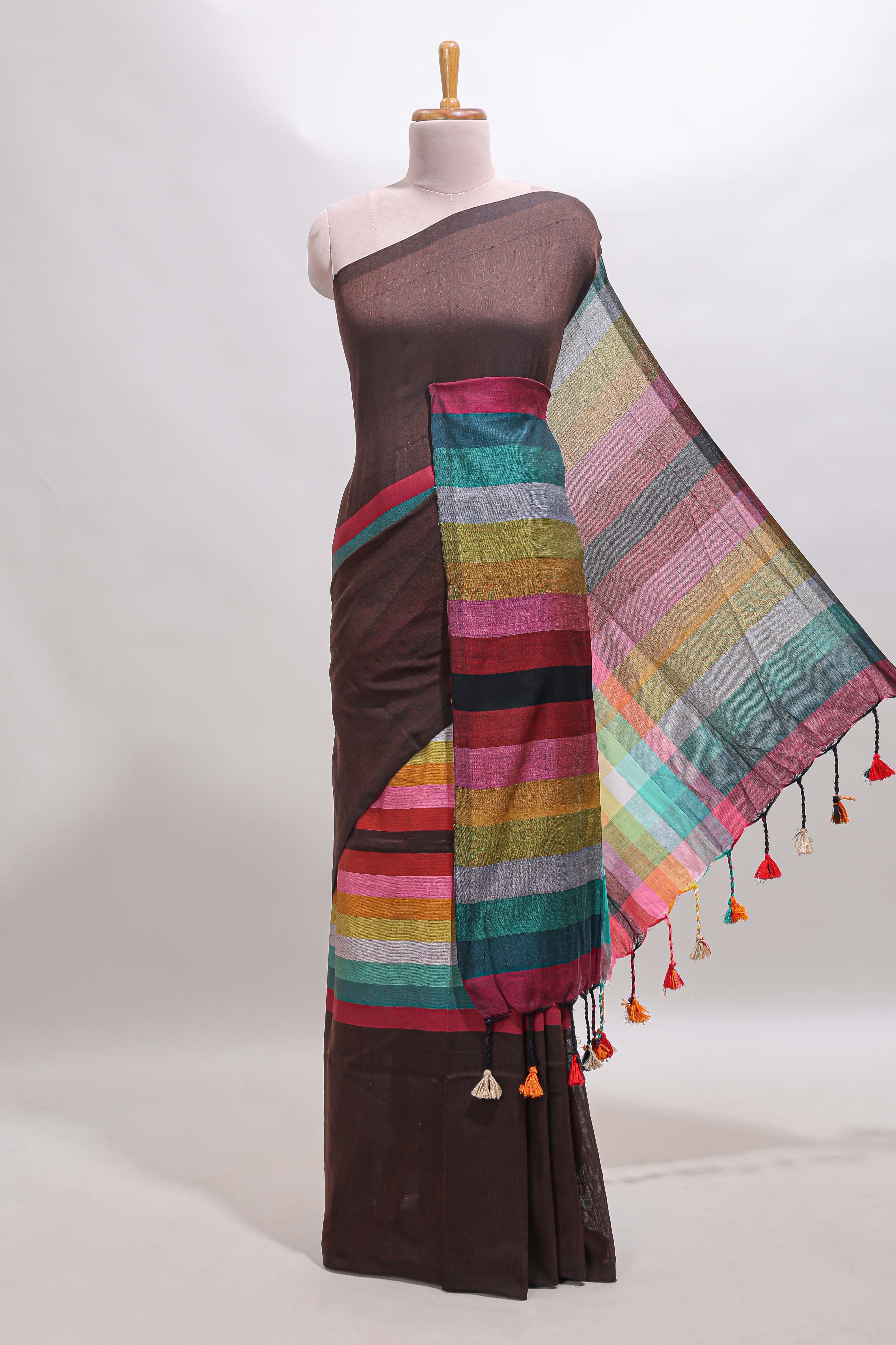 Multi color striped south cotton sarees with contrast border and matching blouse