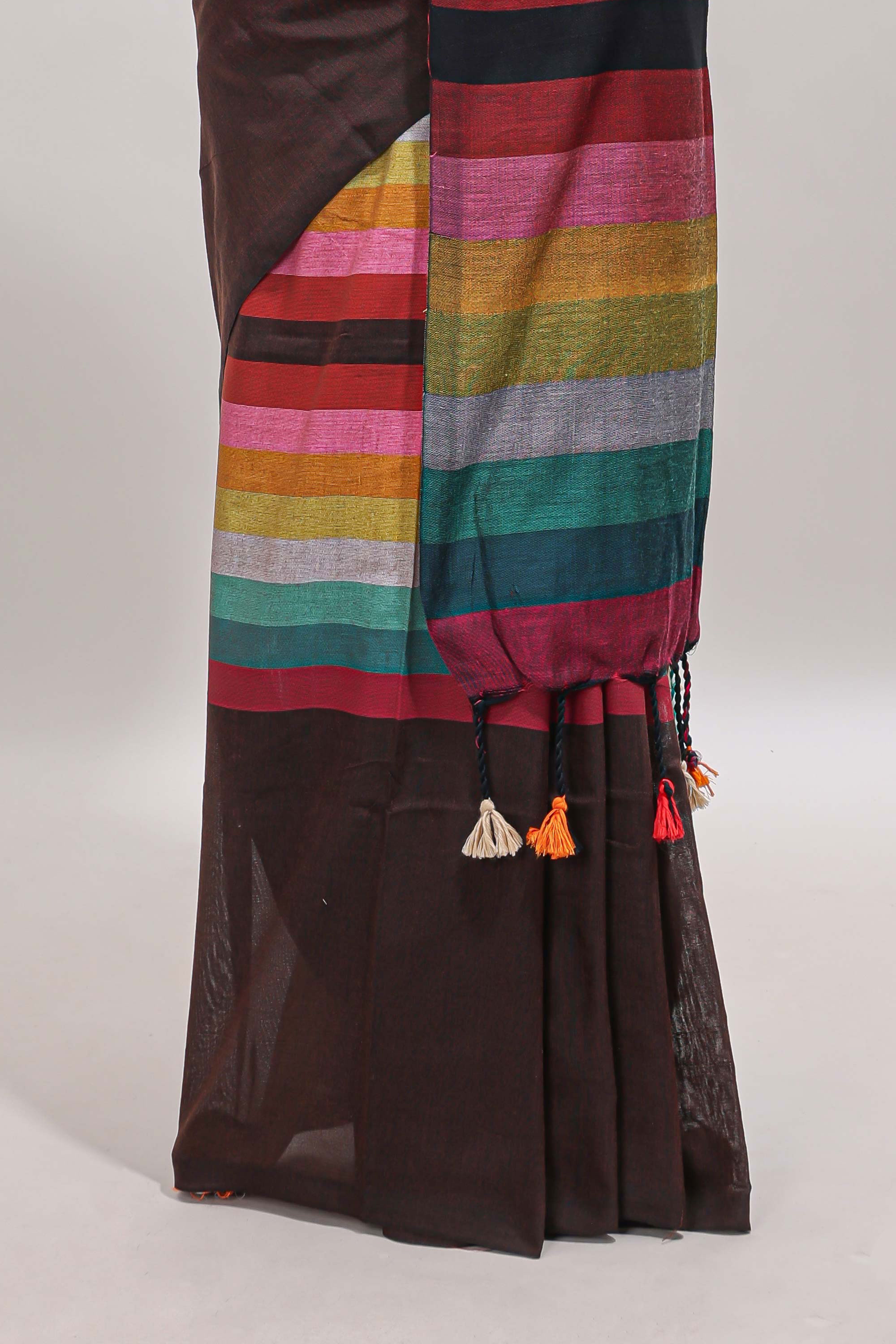 Multi color striped south cotton sarees with contrast border and matching blouse