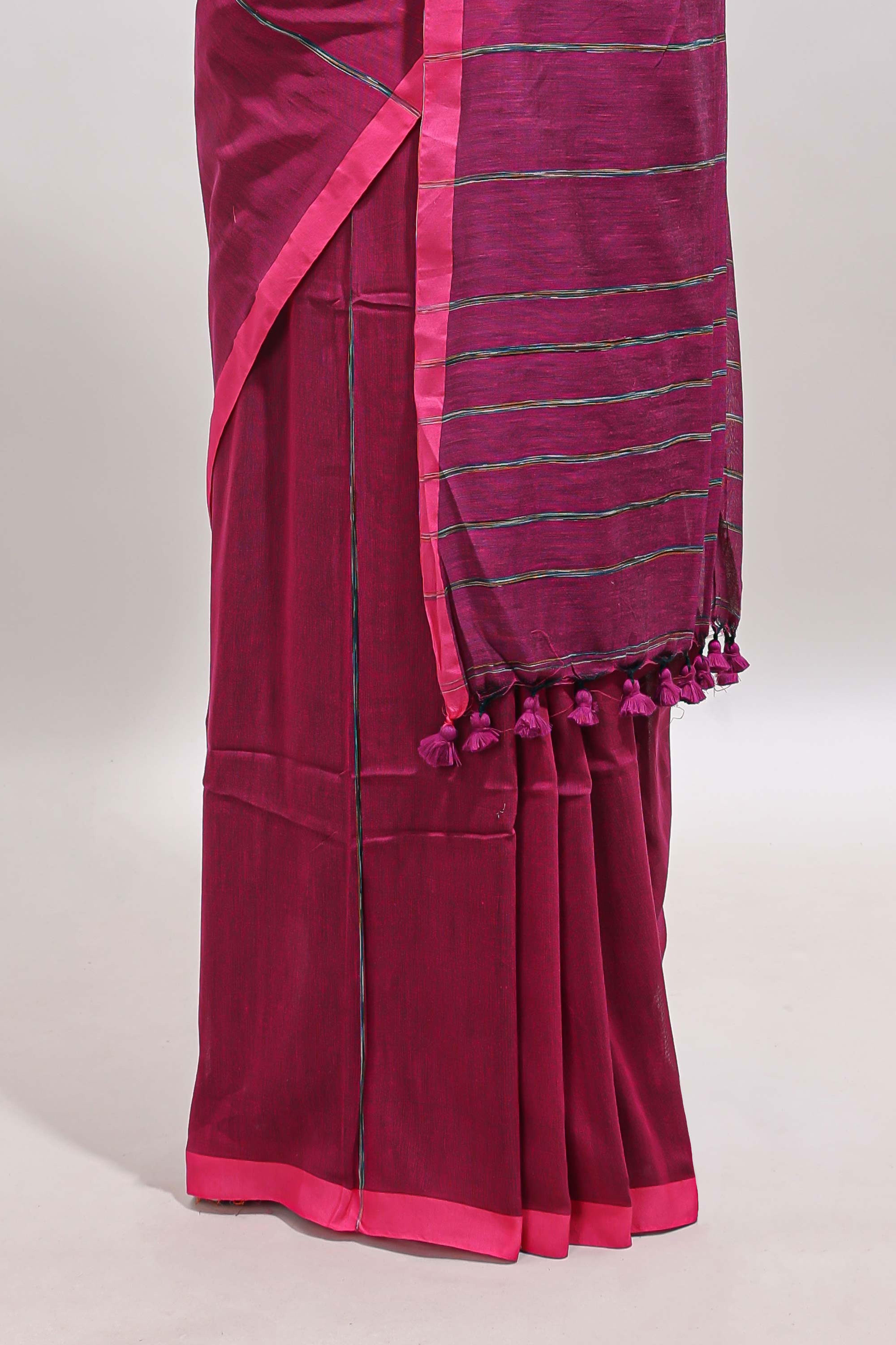 Pink striped south cotton sarees with self border and contrast printed blouse