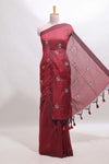 Maroon floral motifs south cotton sarees with self border and contrast printed blouse
