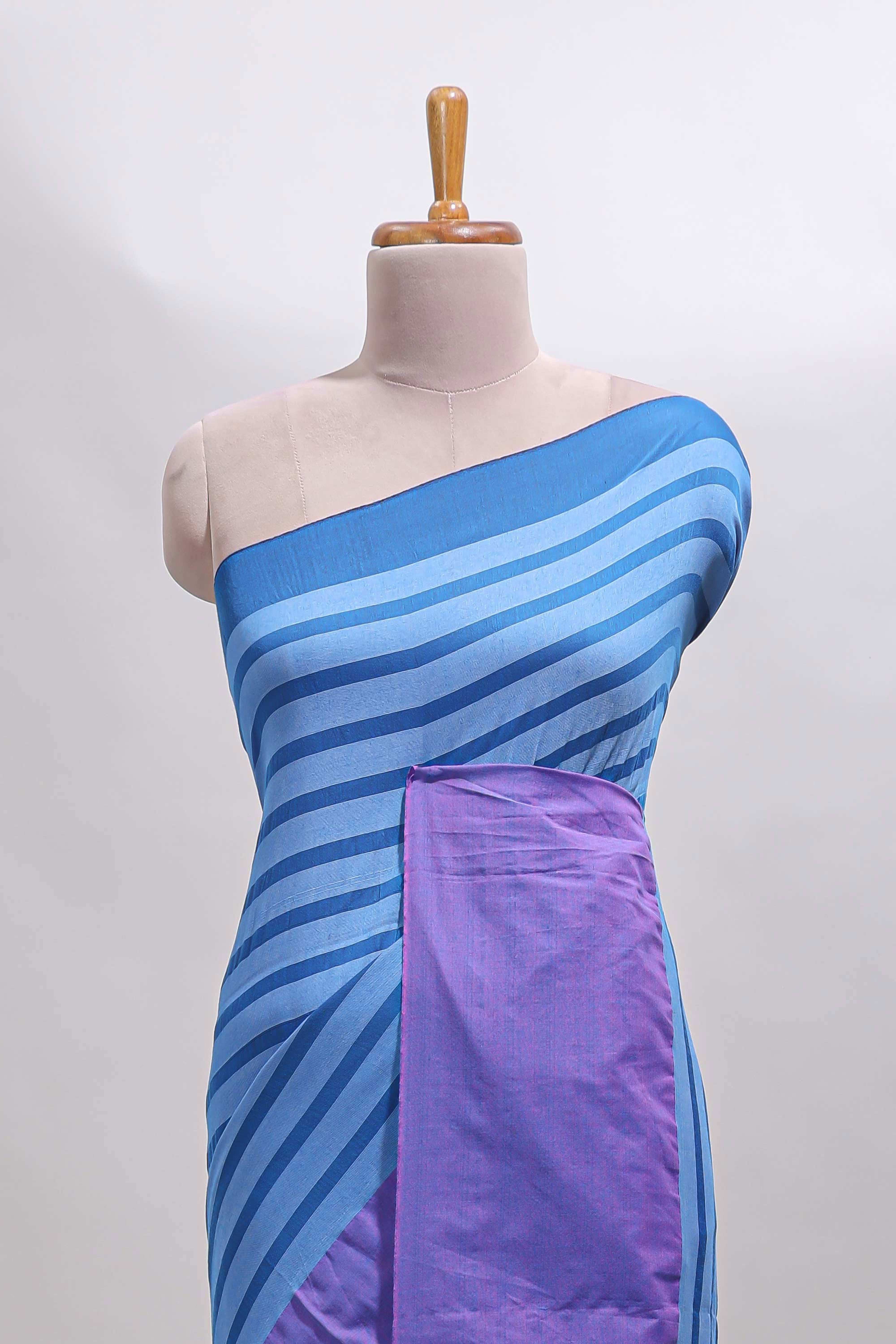 Blue striped south cotton sarees with contrast border and matching striped blouse
