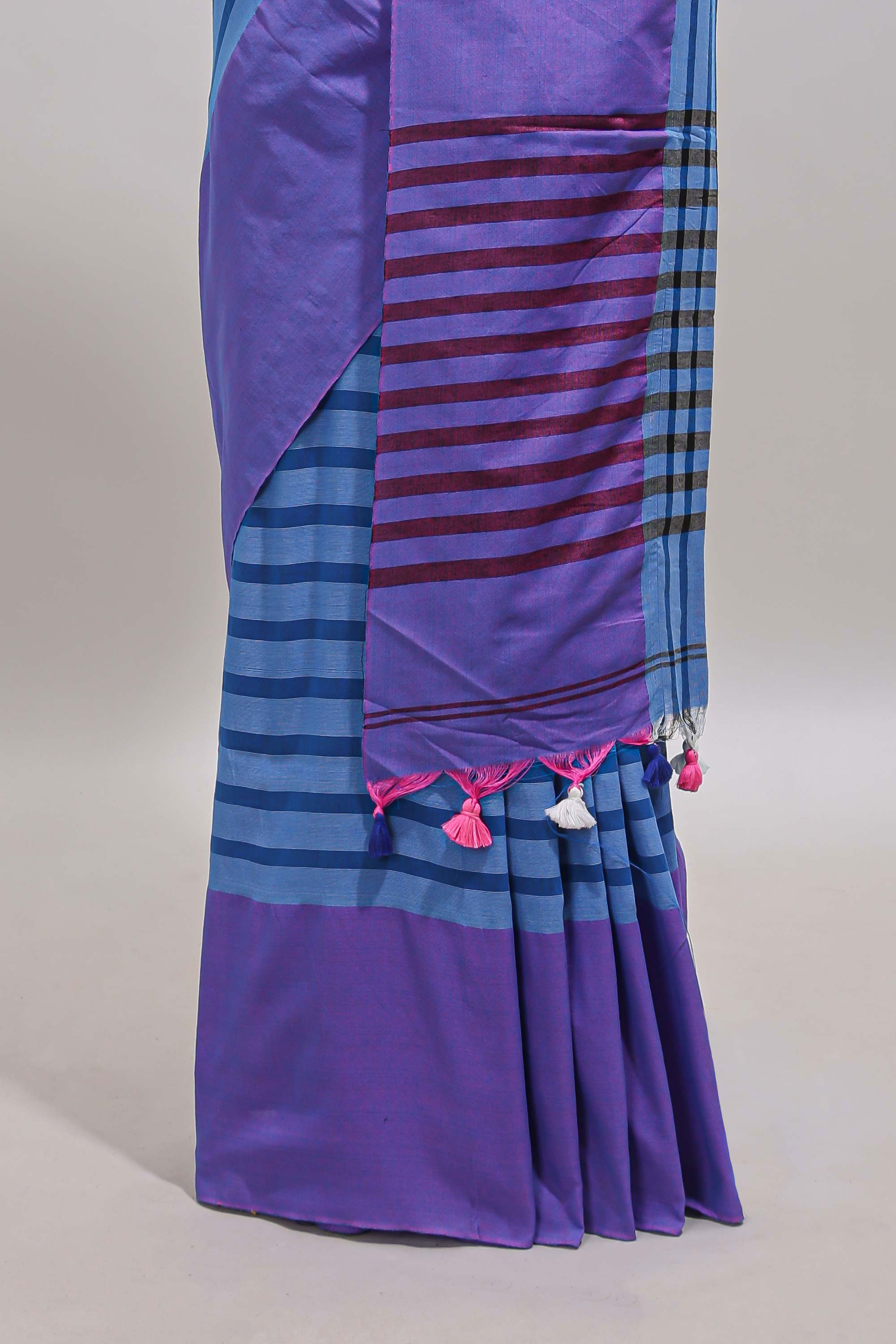 Blue striped south cotton sarees with contrast border and matching striped blouse