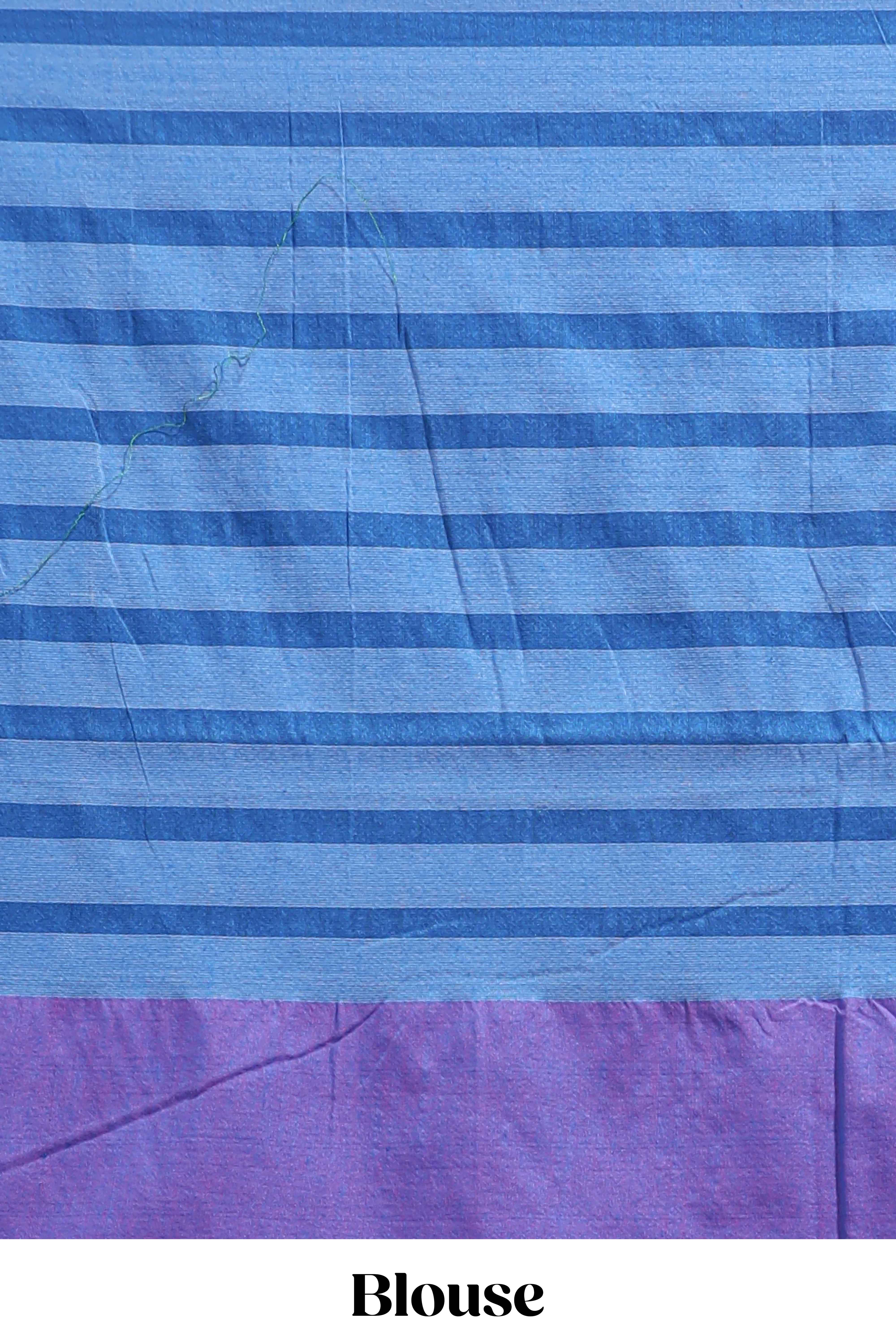 Blue striped south cotton sarees with contrast border and matching striped blouse
