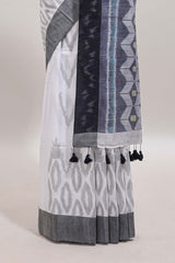 White geometric motifs south cotton sarees with contrast border and matching blouse
