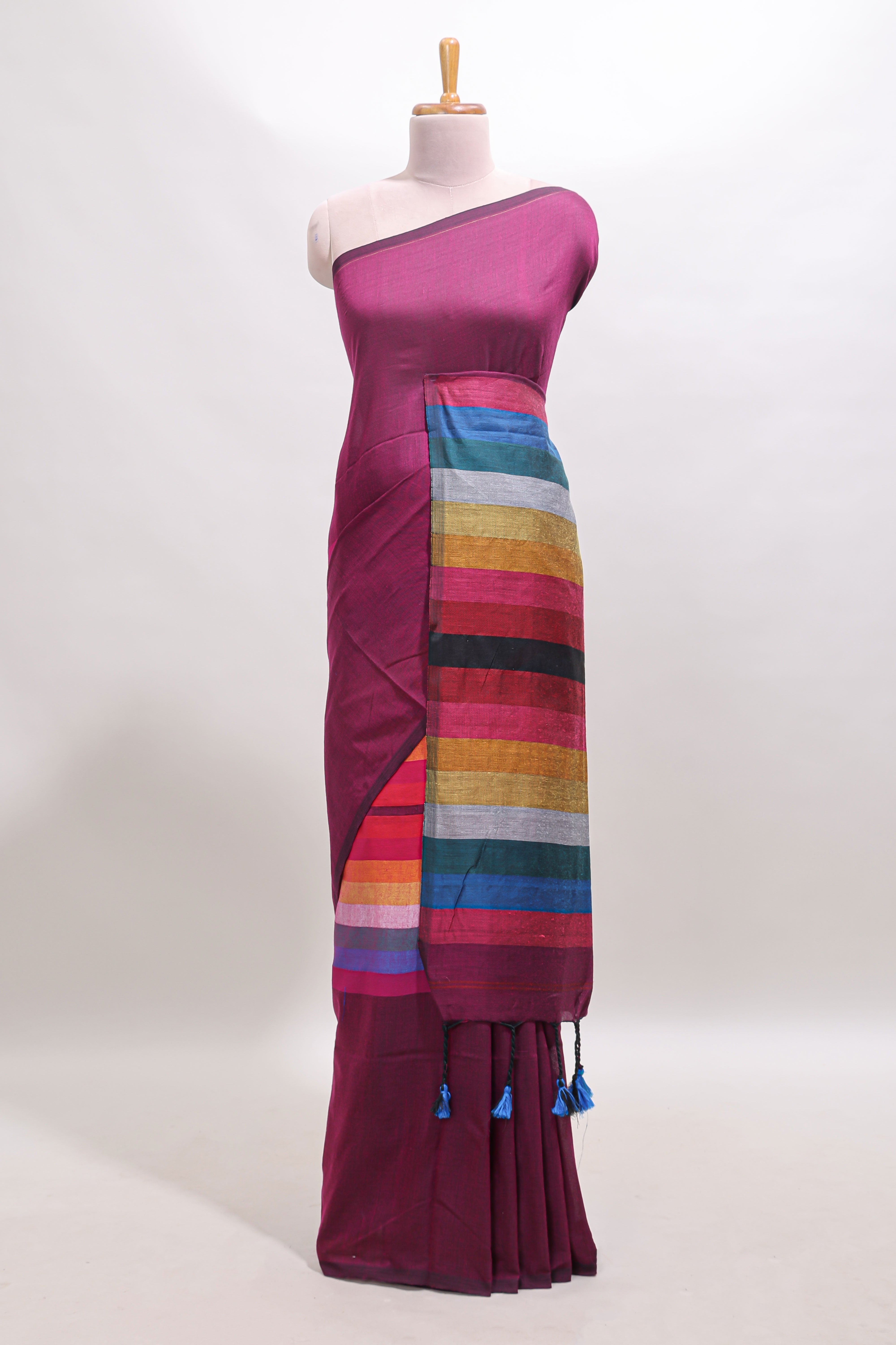 Multi color striped south cotton sarees with contrast border and matching blouse