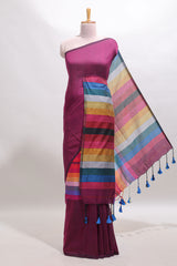 Multi color striped south cotton sarees with contrast border and matching blouse