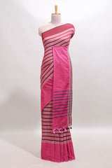 Pink striped south cotton sarees with contrast border and matching blouse