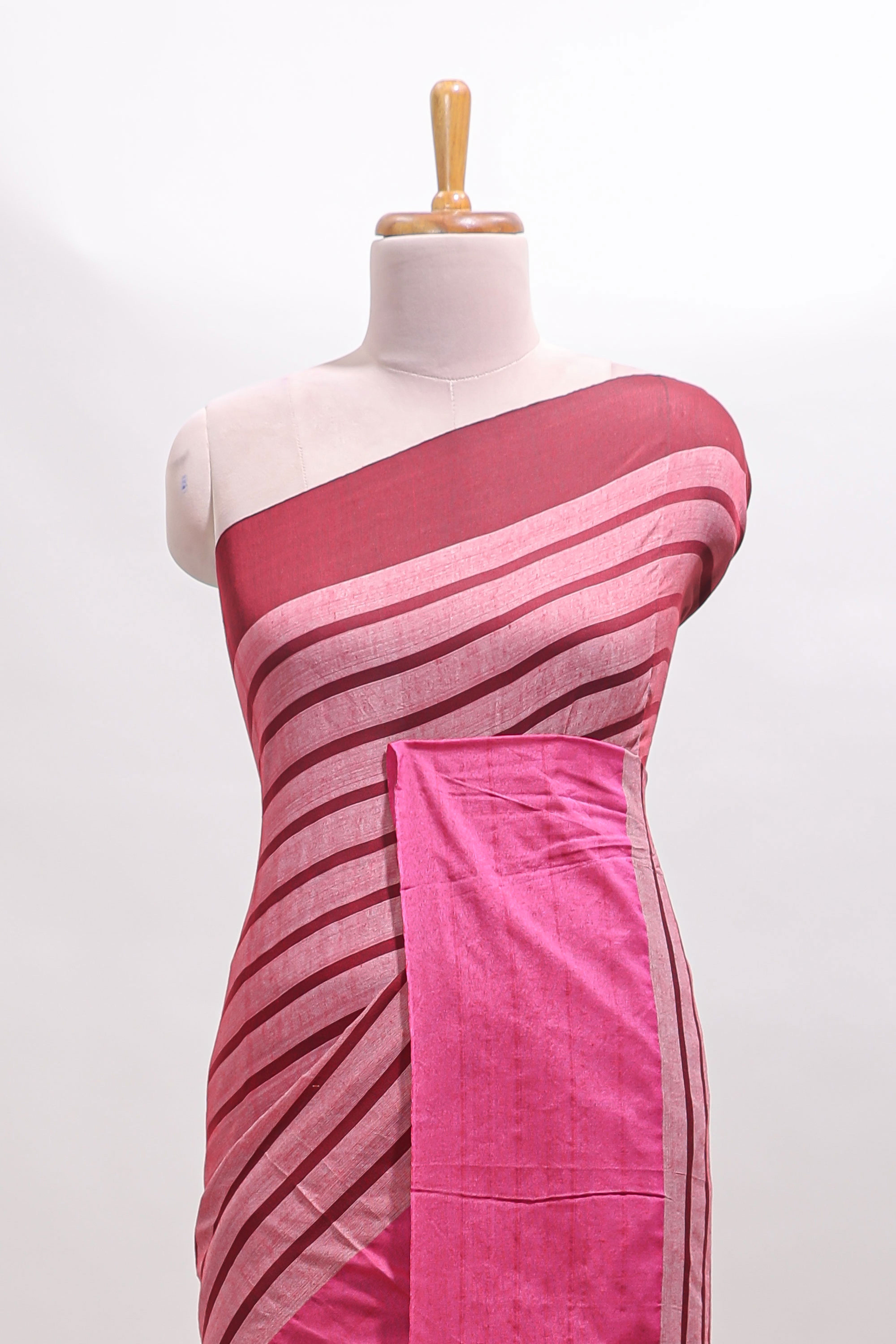 Pink striped south cotton sarees with contrast border and matching blouse