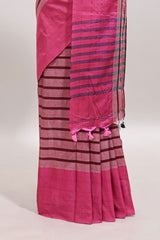 Pink striped south cotton sarees with contrast border and matching blouse