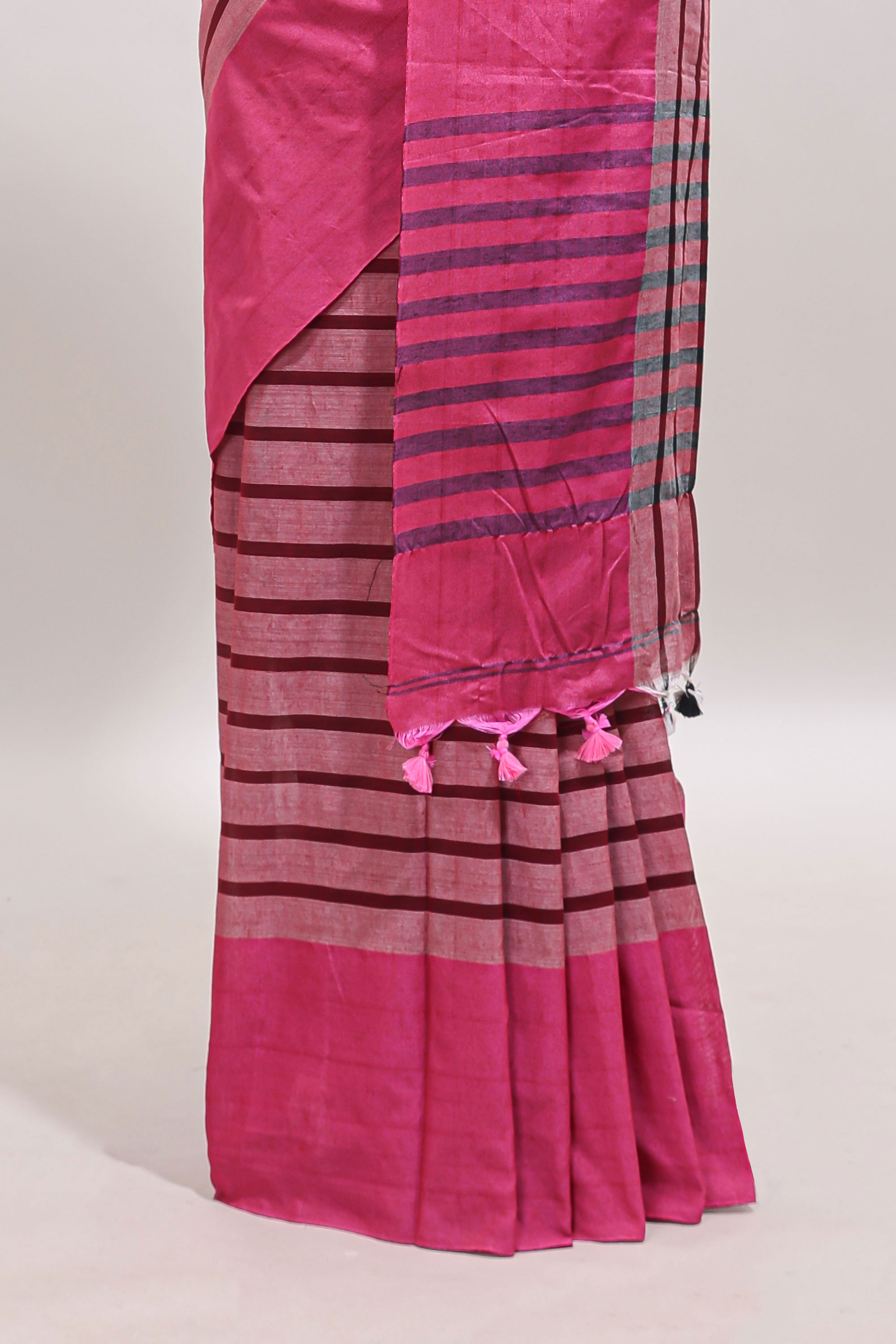 Pink striped south cotton sarees with contrast border and matching blouse