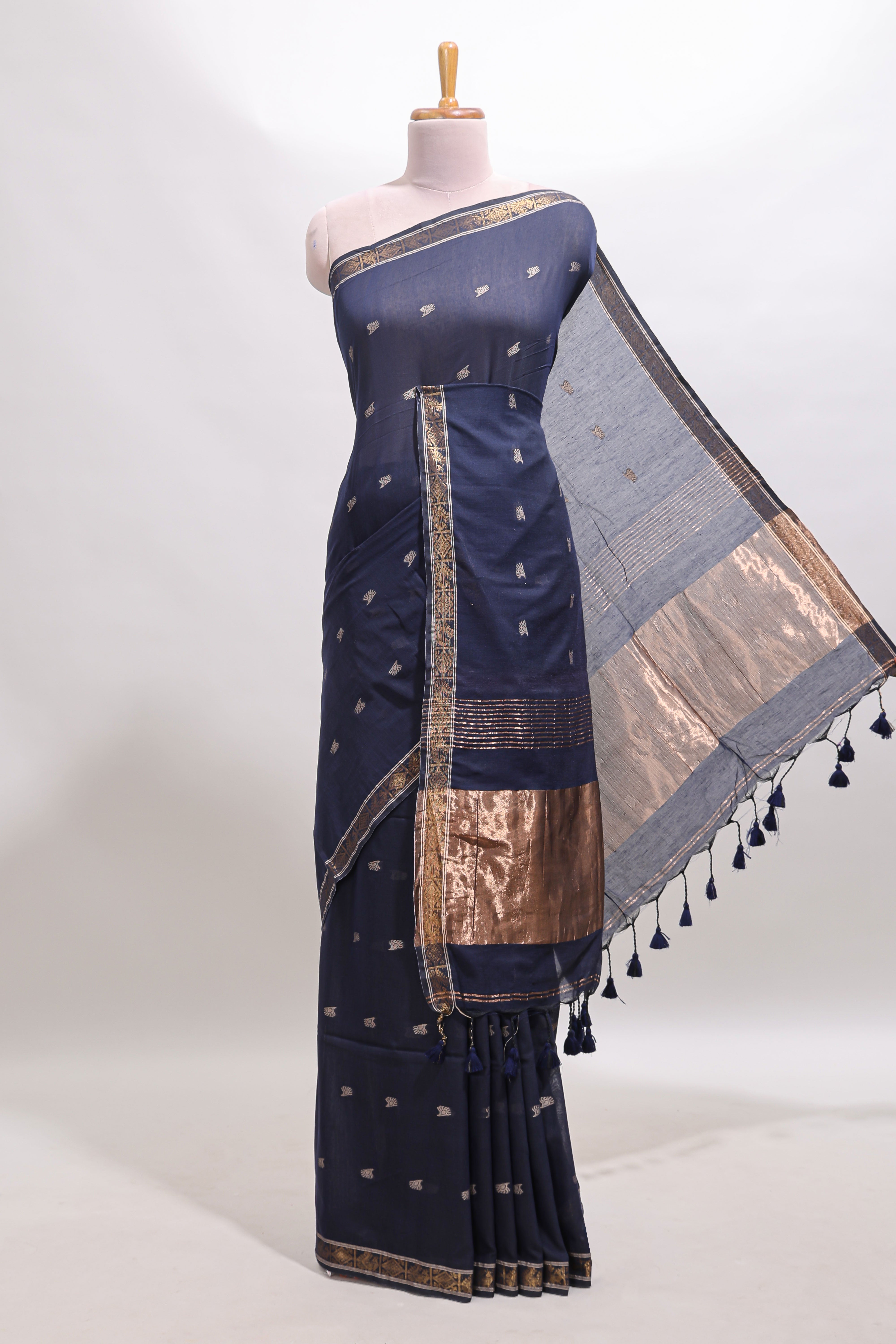 Blue zari motifs south cotton sarees with self border and matching blouse