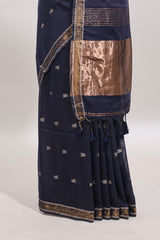 Blue zari motifs south cotton sarees with self border and matching blouse