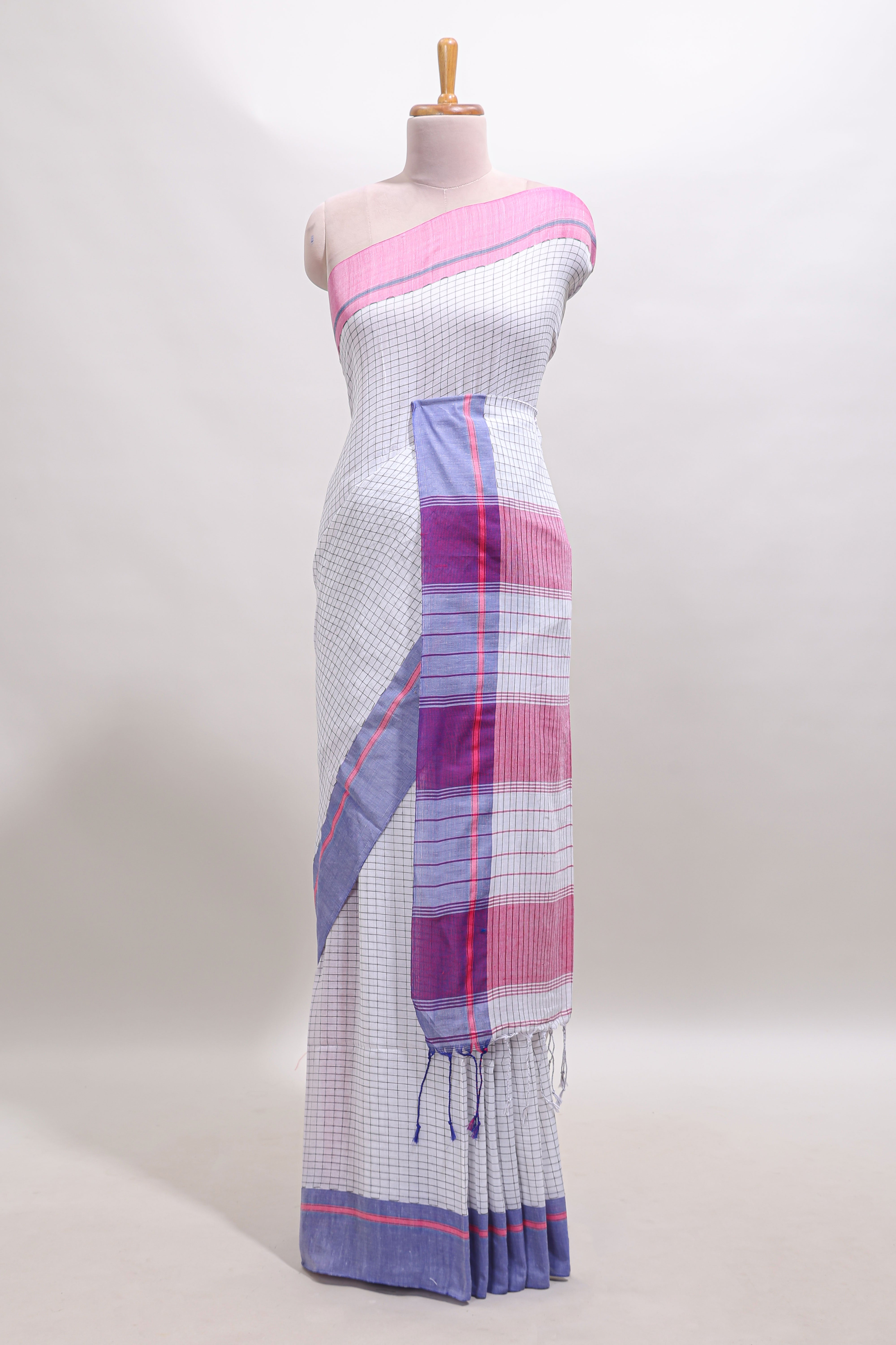 White checked south cotton sarees with contrast border and striped blouse