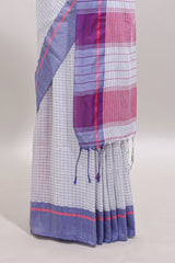 White checked south cotton sarees with contrast border and striped blouse